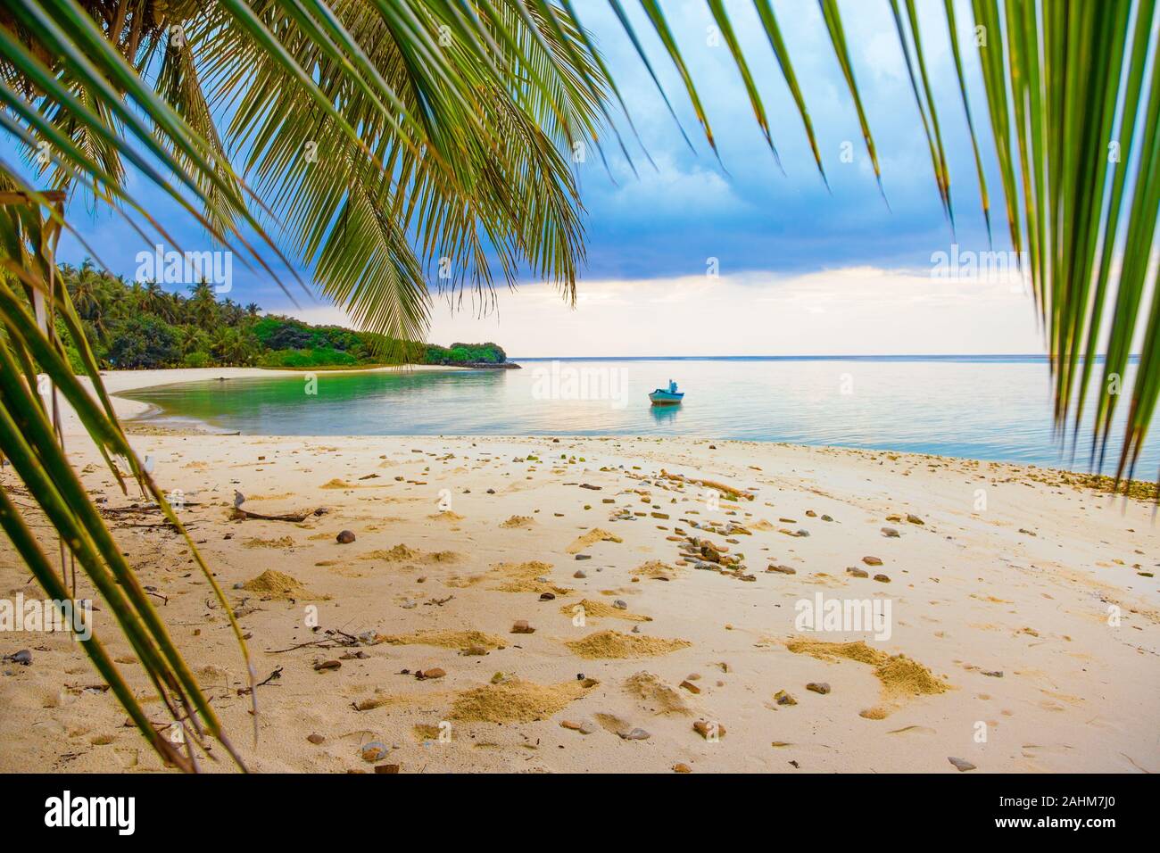 Tramonto maldiviano Vista Mare con Barca e foglie di palmo Foto Stock