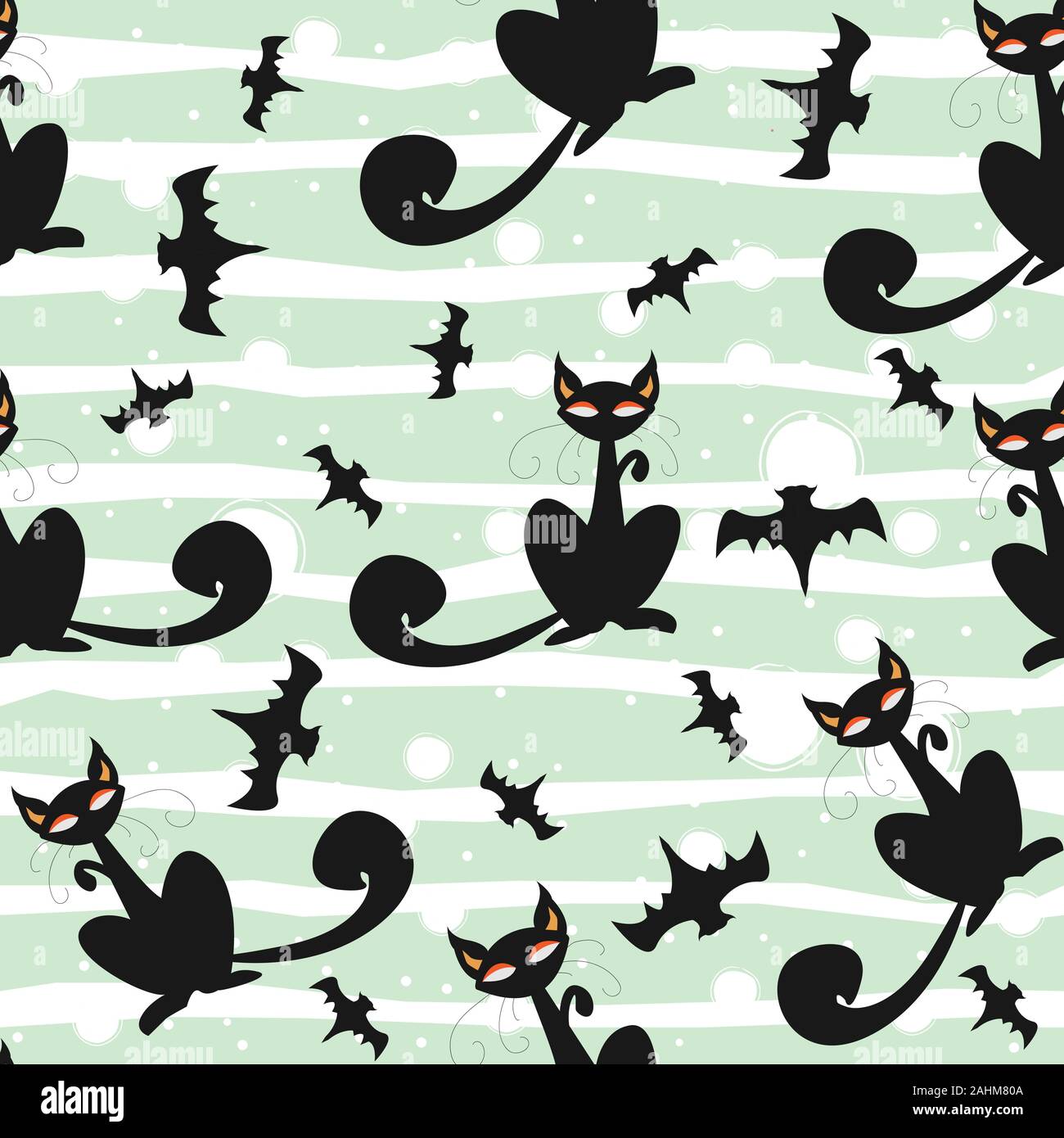Modello senza giunture di Halloween gatti e pipistrelli in nero, tradizionale sfondo arancione. Buono per la stampa tessile, web, carta, confezionamento, tessuto, sfondi Illustrazione Vettoriale