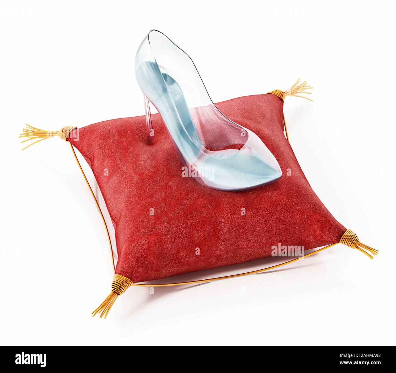 Singolo pattino del vetro in piedi sul velluto rosso cuscino. 3D'illustrazione. Foto Stock