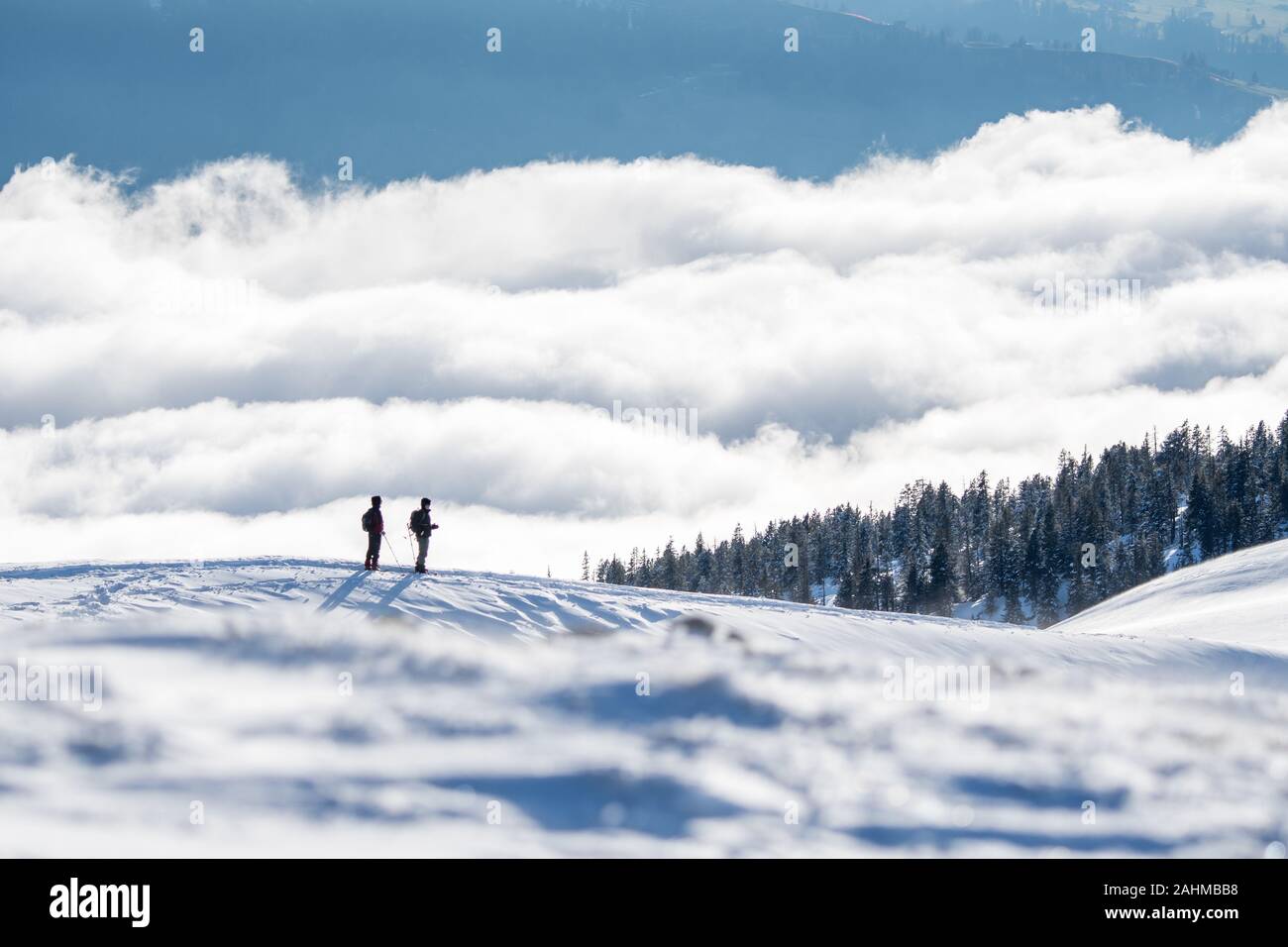 Coppia di escursionisti con racchette da neve davanti a un mare di nebbia Foto Stock