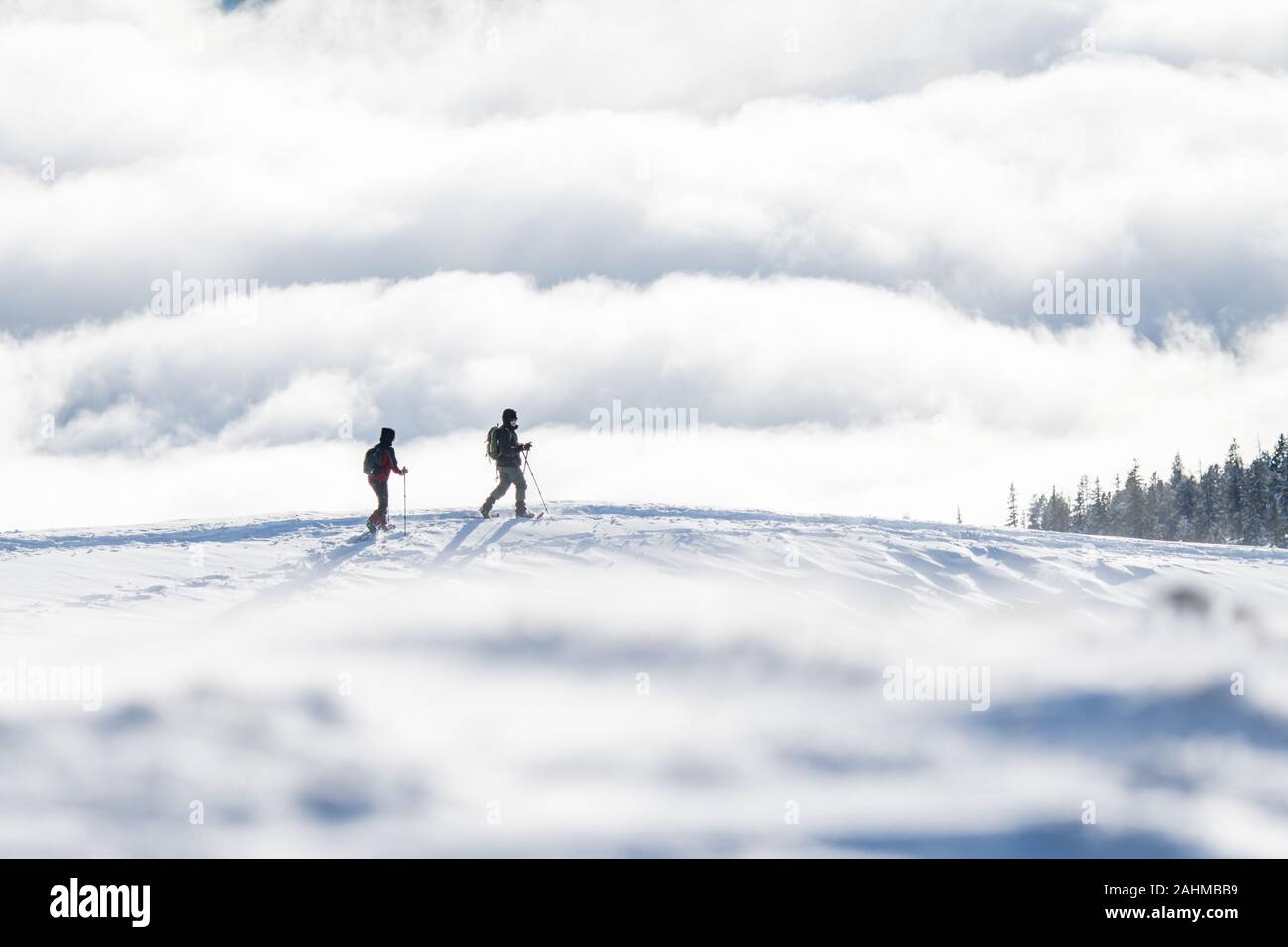 Coppia di escursionisti con racchette da neve davanti a un mare di nebbia Foto Stock