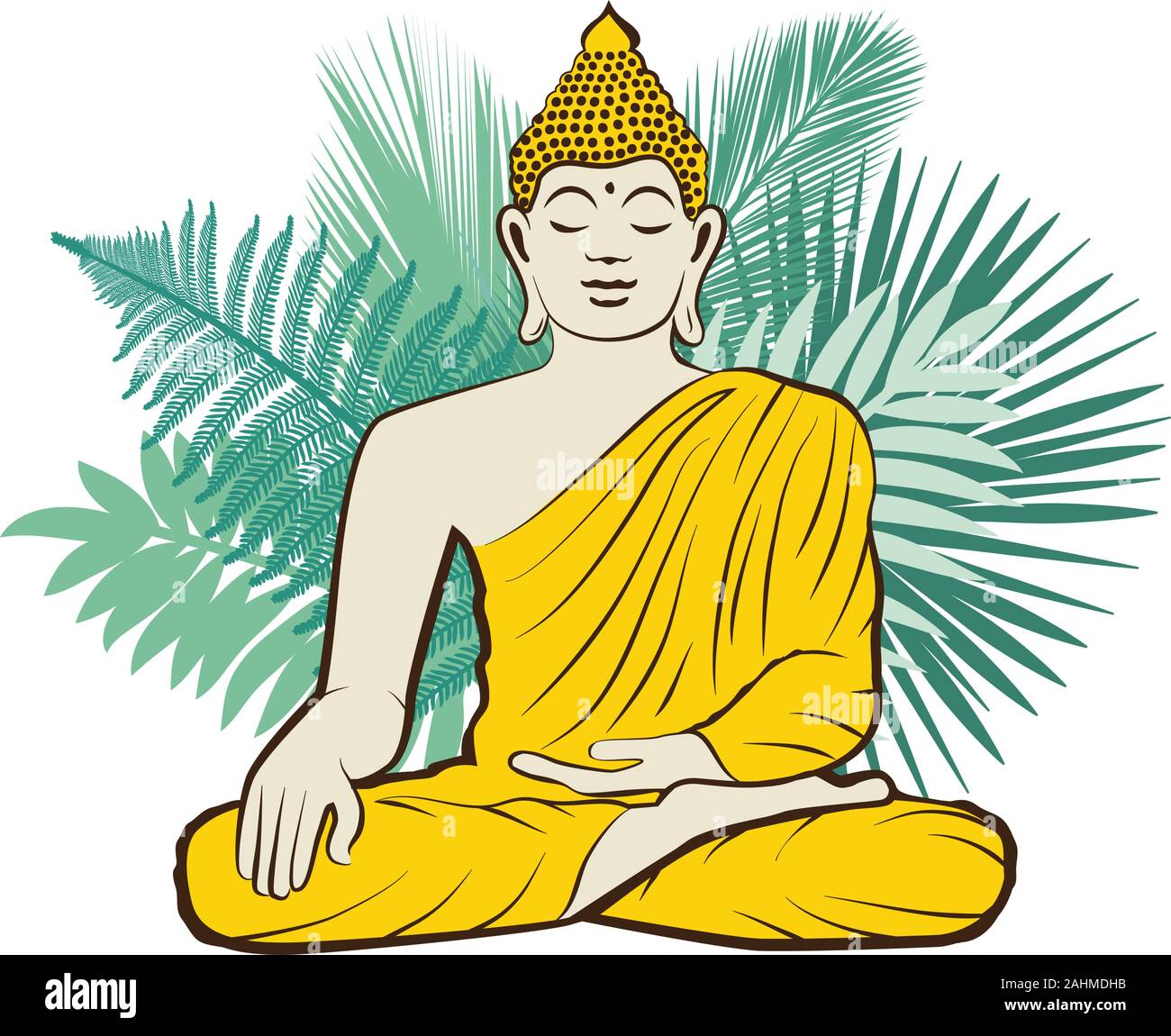 Buddha d'oro con foglie di palme Illustrazione Vettoriale