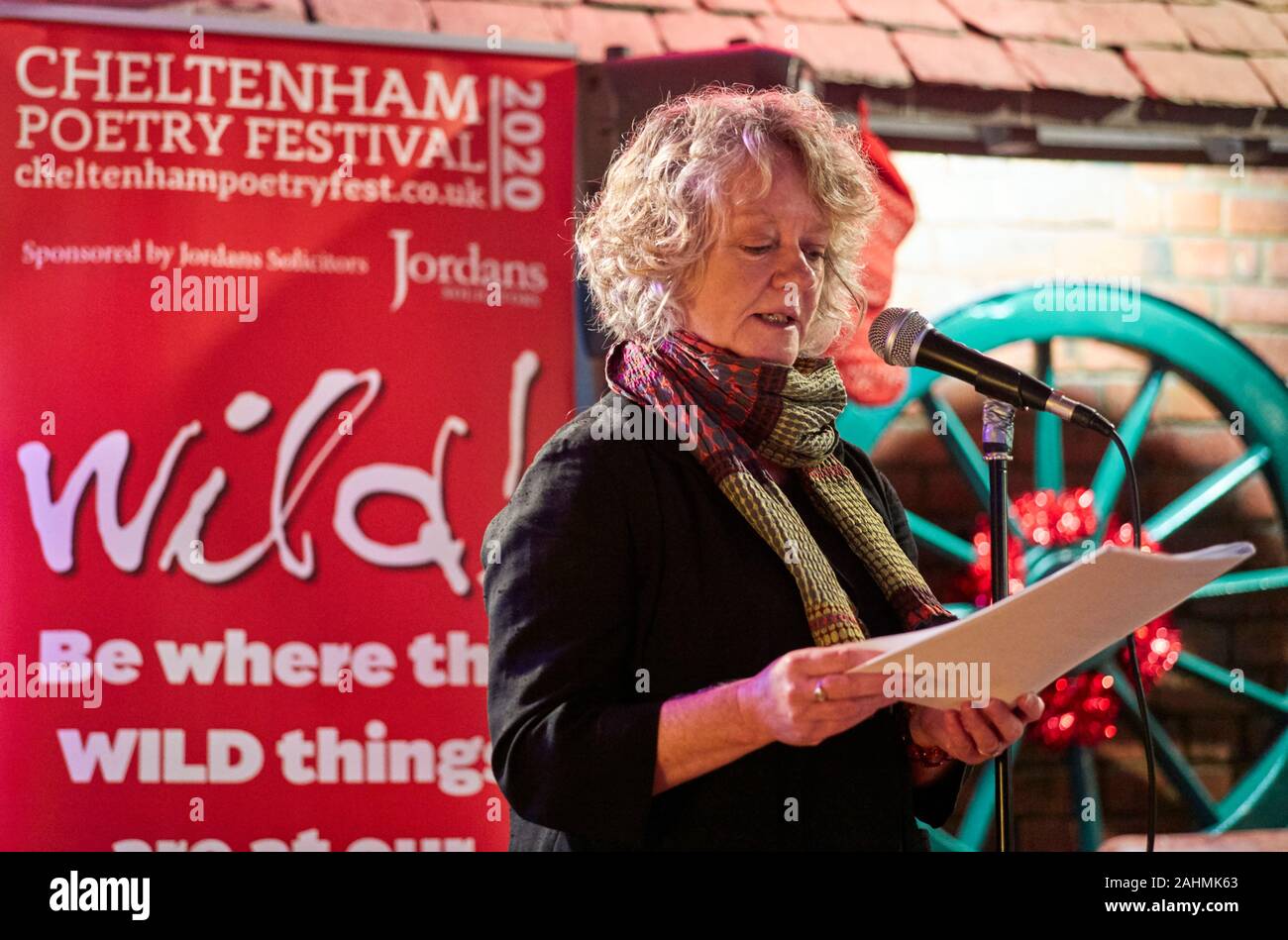 Poeta Janet Lees, lettura al lancio del festival di poesia 2019 a Cheltenham Foto Stock