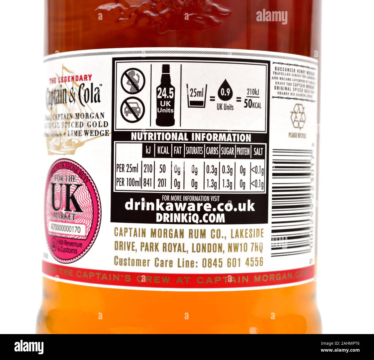 Captain Morgan Rum,informazioni nutrizionali,drinkaware, close up Foto Stock