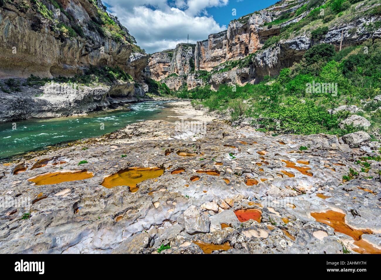 Sfondo calcaree erose dal fiume Irati flusso dominato da pareti di Lumbier Canyon, che fa parte della Sierra de Leyre catena montuosa nei Pirenei Foto Stock