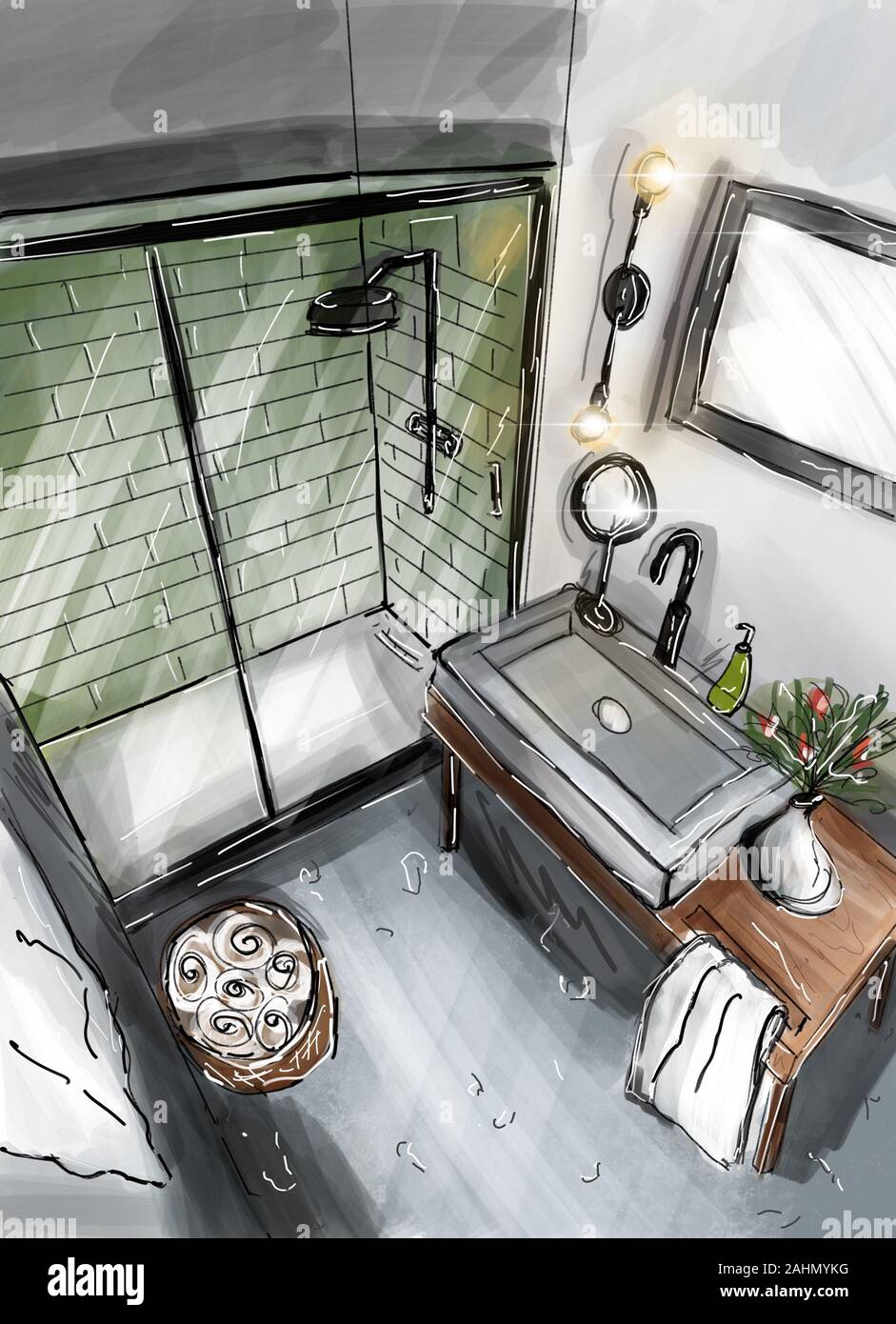 Mano bozzetto di un intimo, piccolo bagno con doccia e lavabo, vista da sopra Foto Stock