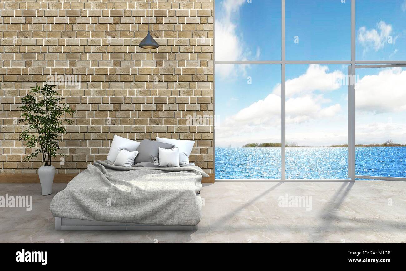 camera da letto in stile loft con vista 3d vicino al mare Foto Stock