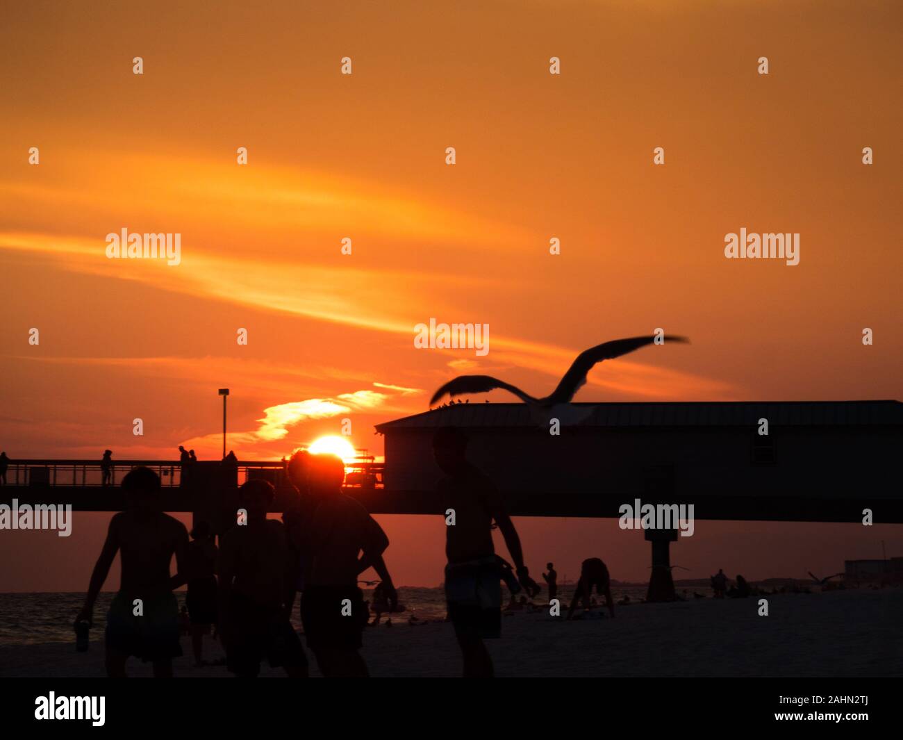 Bel tramonto in spiaggia della Florida con sagome di ragazzi giocare e un volo di uccelli, pier in background. Drammatica orange sky con poche nuvole. Copyspa Foto Stock