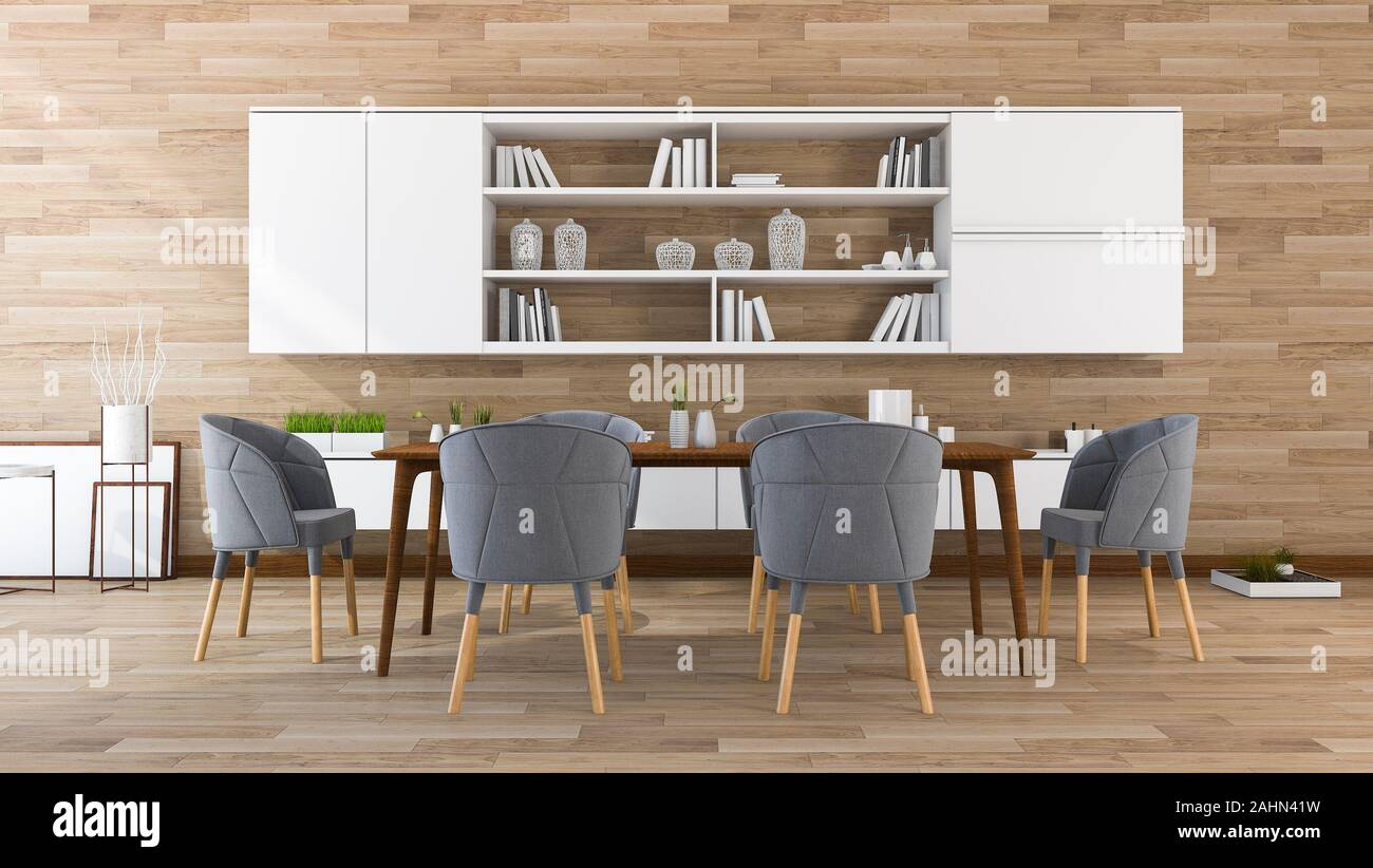 3D rendering legno sala da pranzo e sala riunioni con belle incorporato e mobili Foto Stock