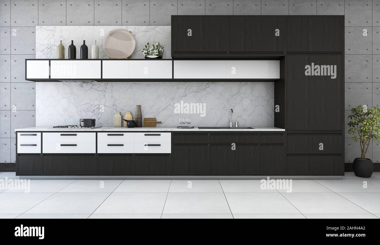 3D rendering minimo e cucina retrò in design loft Foto Stock