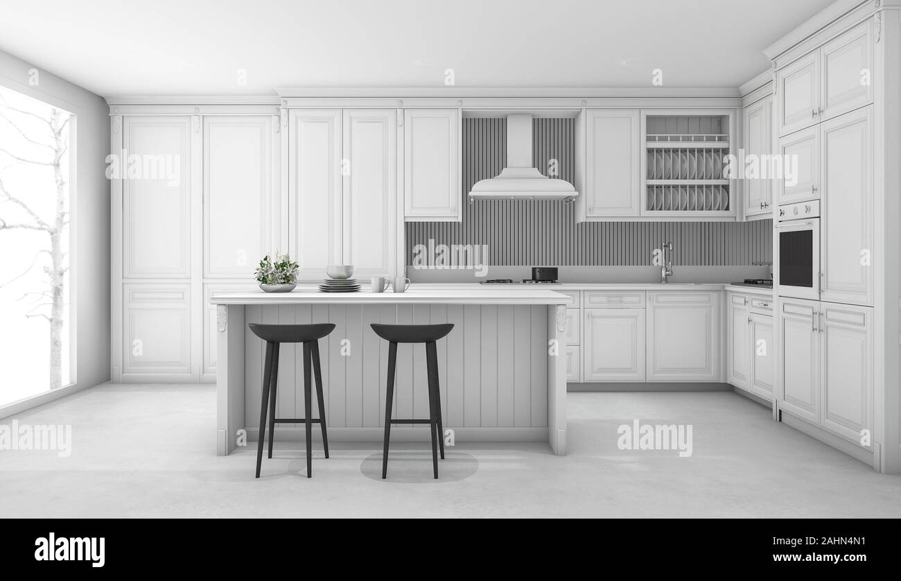 3D rendering classico bianco cucina Foto Stock