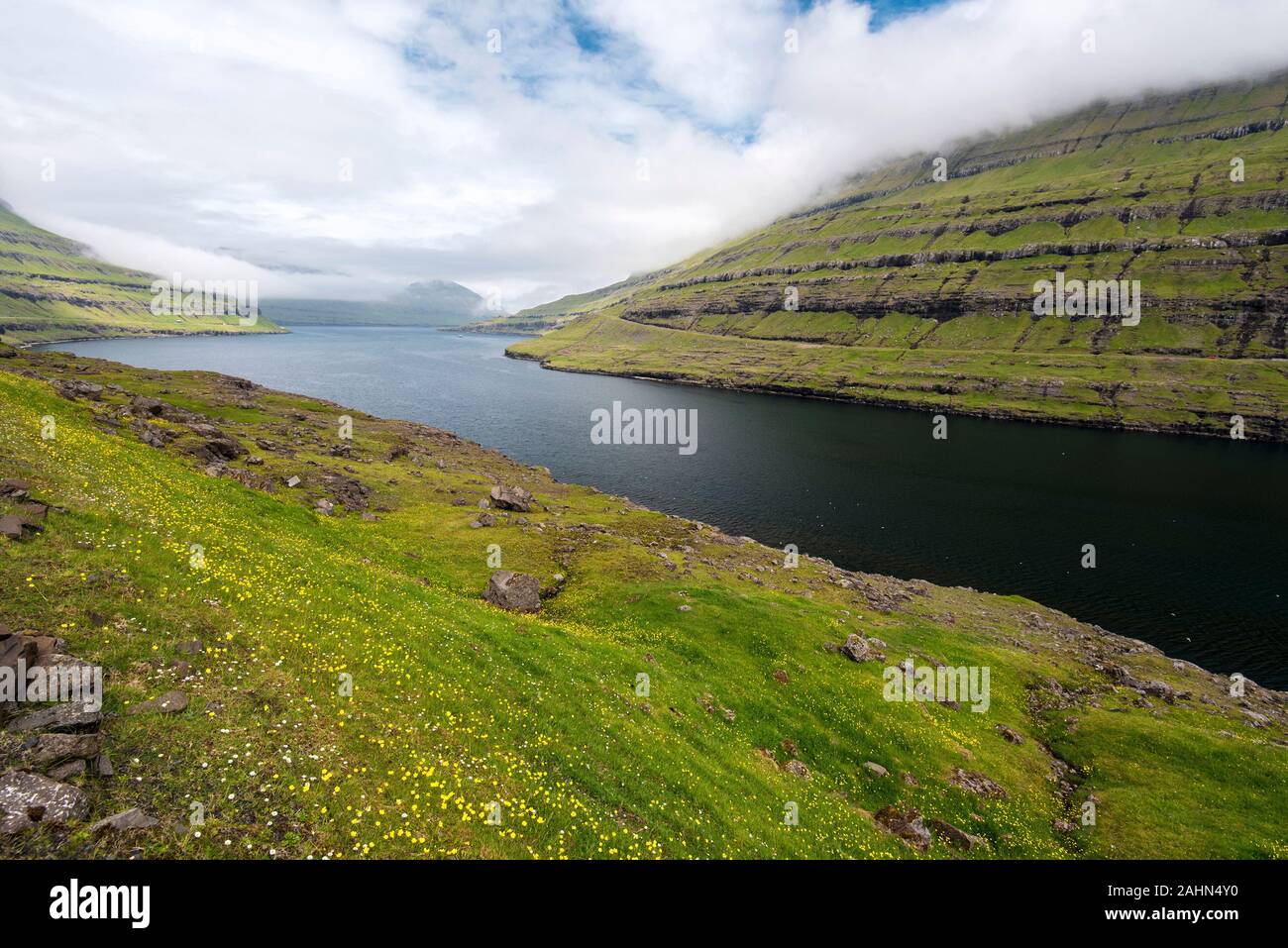 Funningsfjordur paesaggio delle isole Faeroeer in Isola di Eysturoy Foto Stock