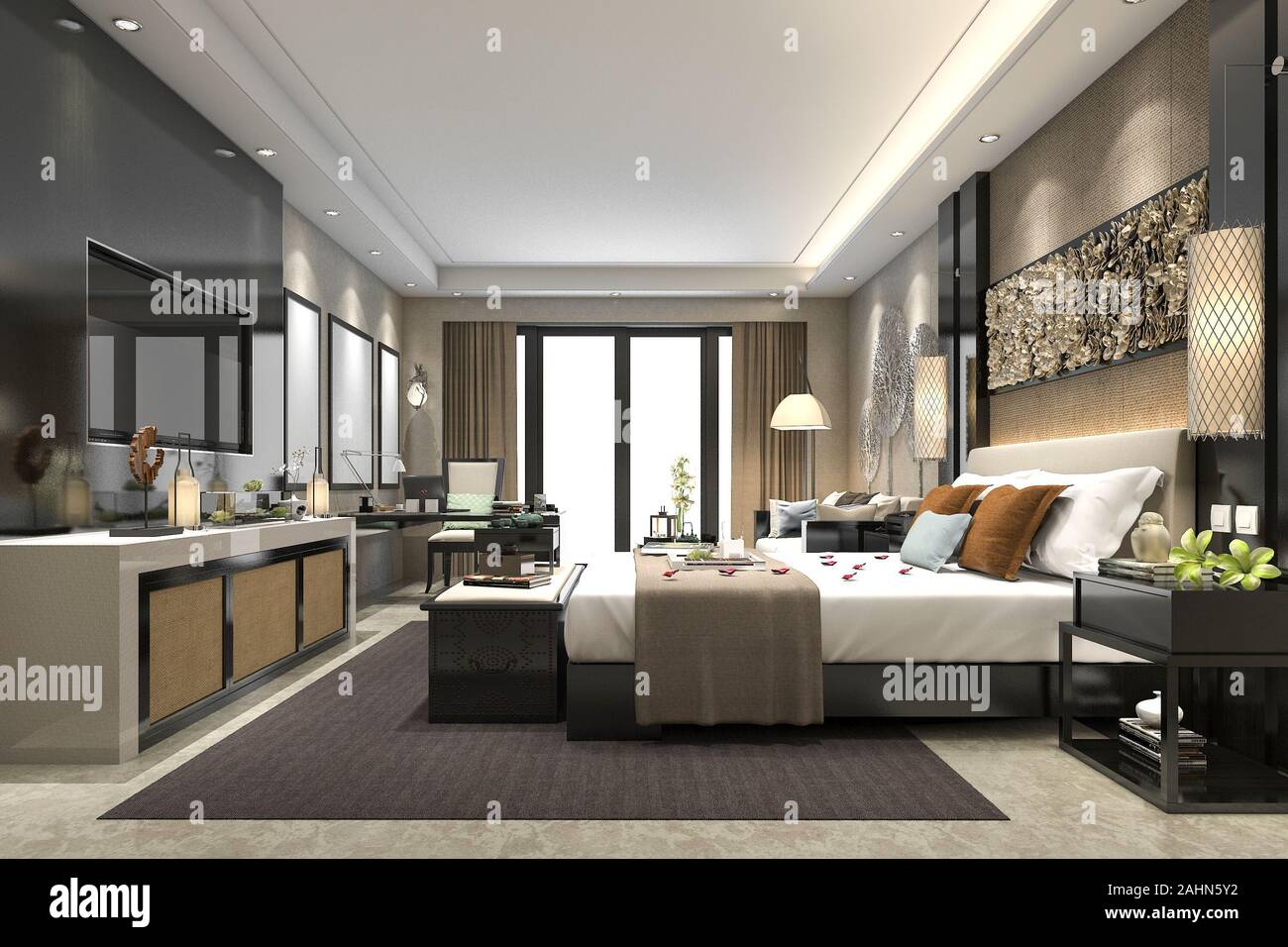 3D rendering di lusso tropicale moderno camera da letto suite in hotel Foto Stock