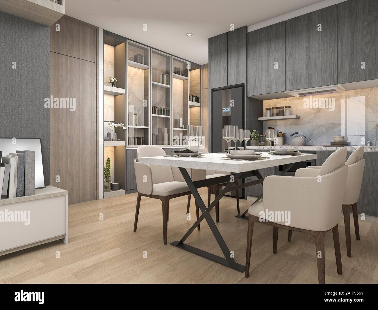 3D rendering bianco moderno e lussuoso design cucina con tavolo da pranzo e scaffale Foto Stock
