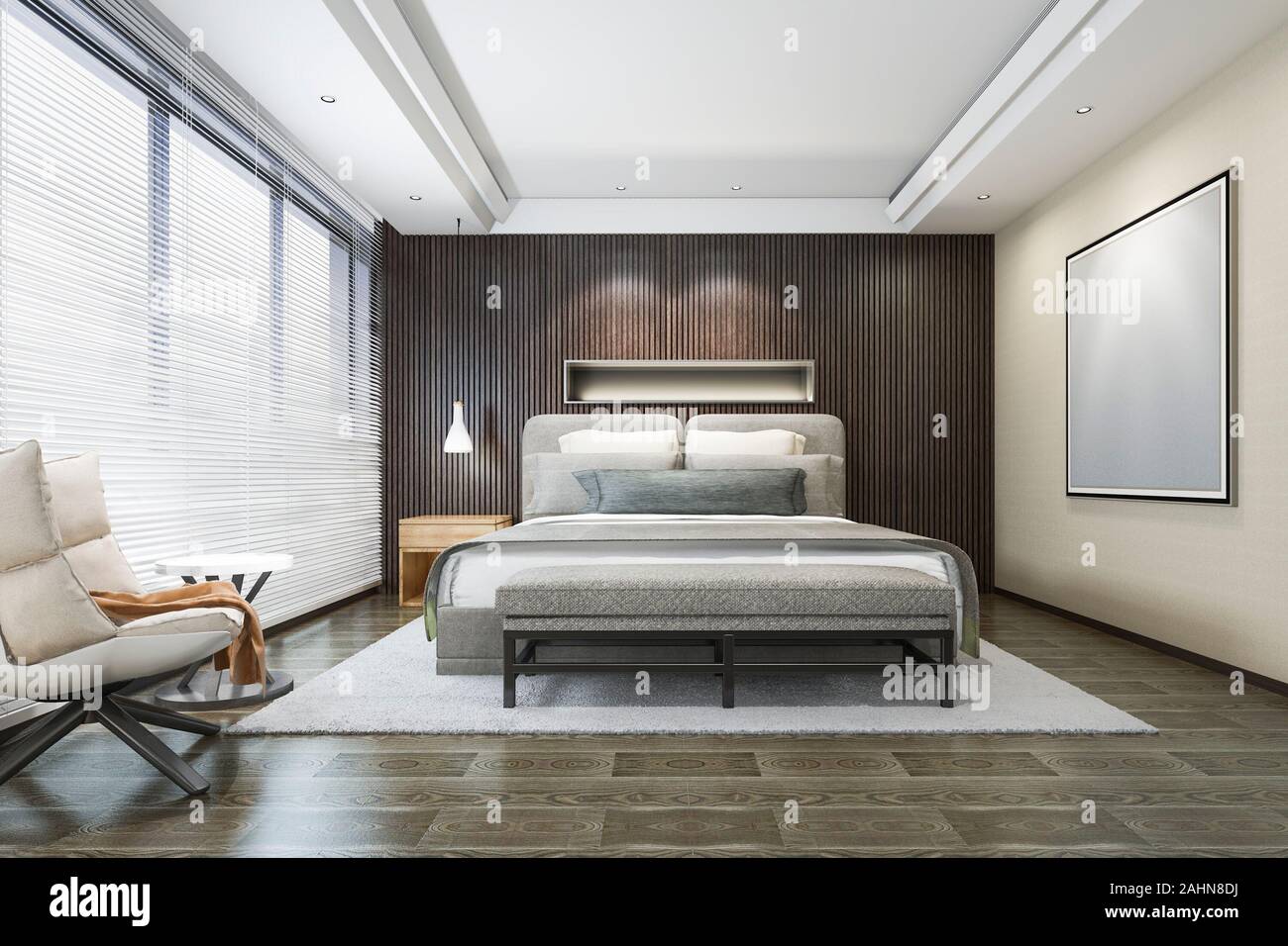 3D rendering legno splendido loft camera da letto minimo Foto Stock