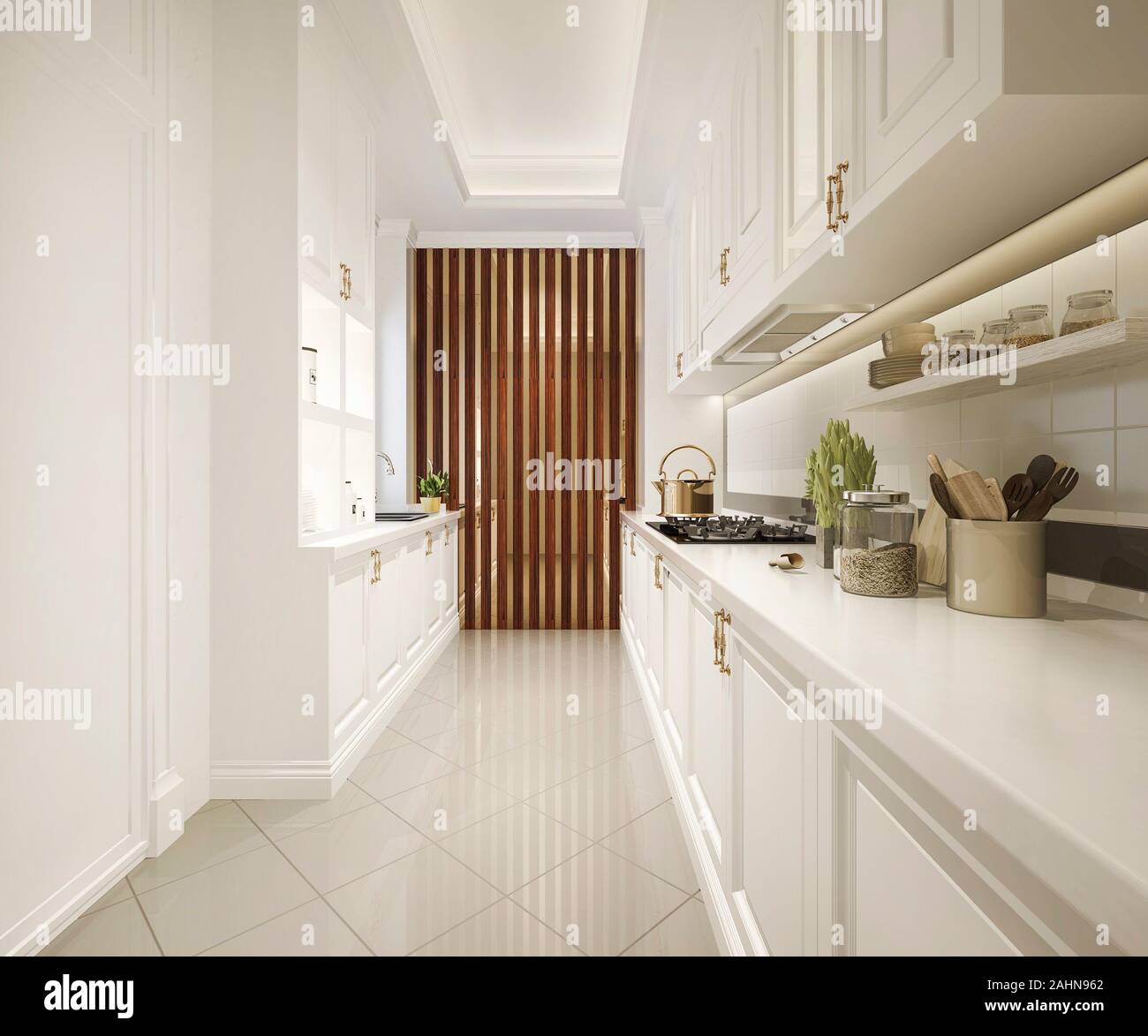 3D rendering classico bianco cucina con design di lusso Foto Stock
