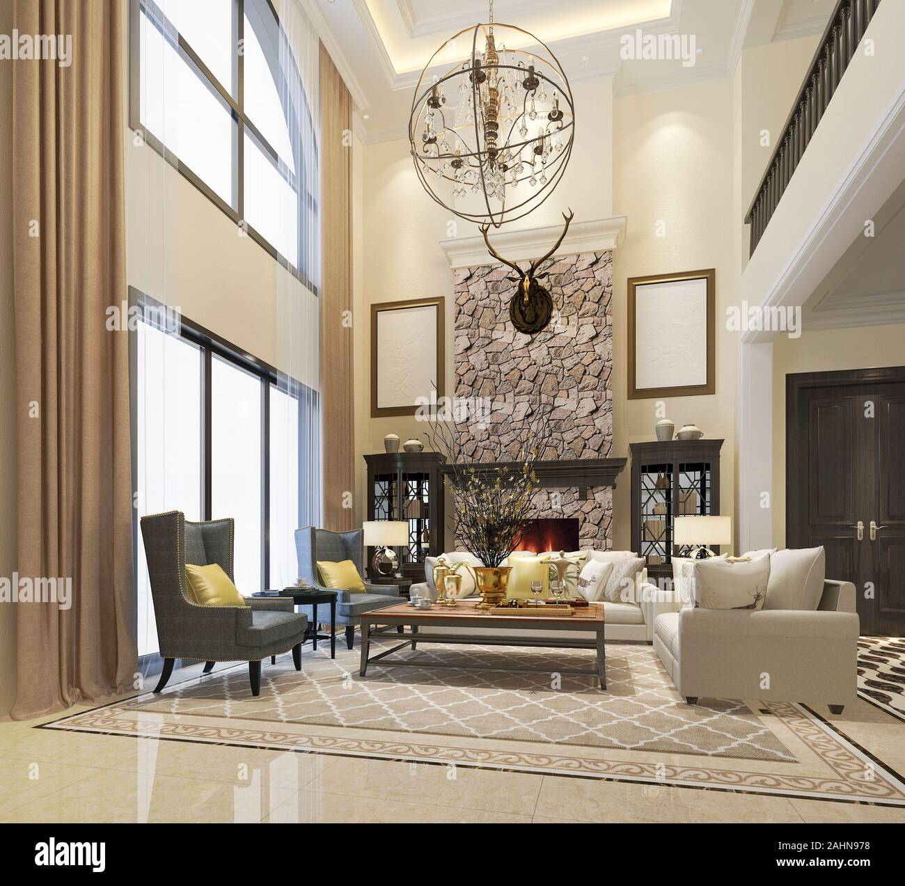 Il rendering 3d e lusso moderno classico soggiorno con stile europeo Foto Stock