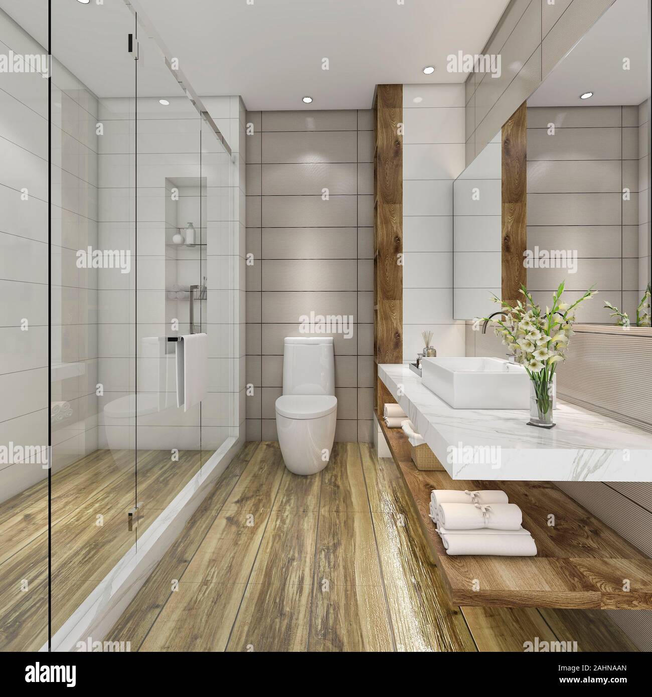 3D rendering bagno moderno con lusso decorazioni di piastrelle Foto Stock