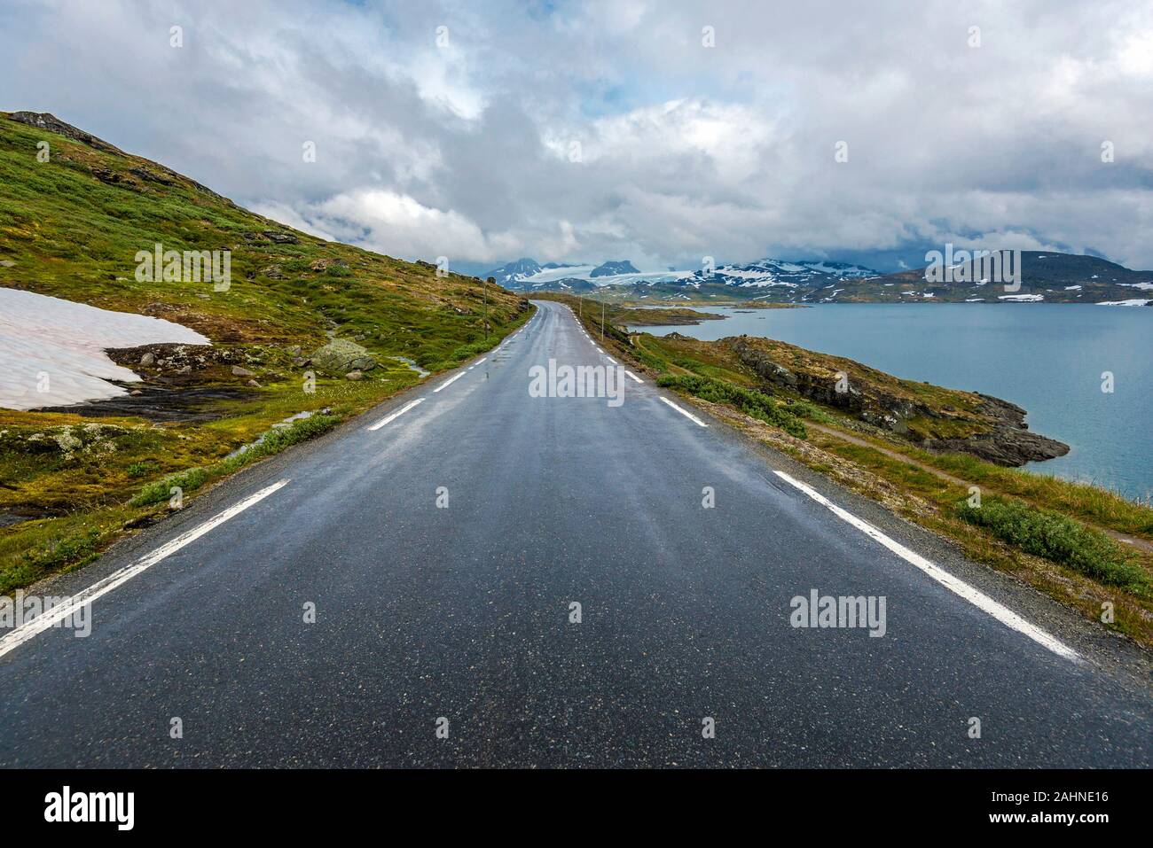 Strada turistica 55 visto in direzione di Oppland, Plesteinvatnet lago è a destra. Sogn og Fjordane, Norvegia. Foto Stock