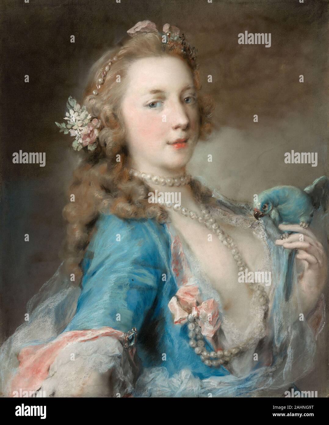 Rosalba Carriera. Una giovane donna con un pappagallo. 1725-1735. Venezia. Pastello blu su cui carta montata su carta laminata board Rosalba Carriera è rinomato per la distinzione ha portato alla ritrattistica pastello in Italia e in Francia durante la prima metà del XVIII secolo. Nessun artista femminile goduto di maggiore successo o esercitare una maggiore influenza sull'arte della sua epoca di Rosalba, come lei è noto. Il lavoro dell'artista in pastello si divide in due categorie ritratti e allegorie. Un astuto giudice di carattere, ha migliorato ma mai offuscato l'aspetto effettivo del sitter nei suoi ritratti Foto Stock