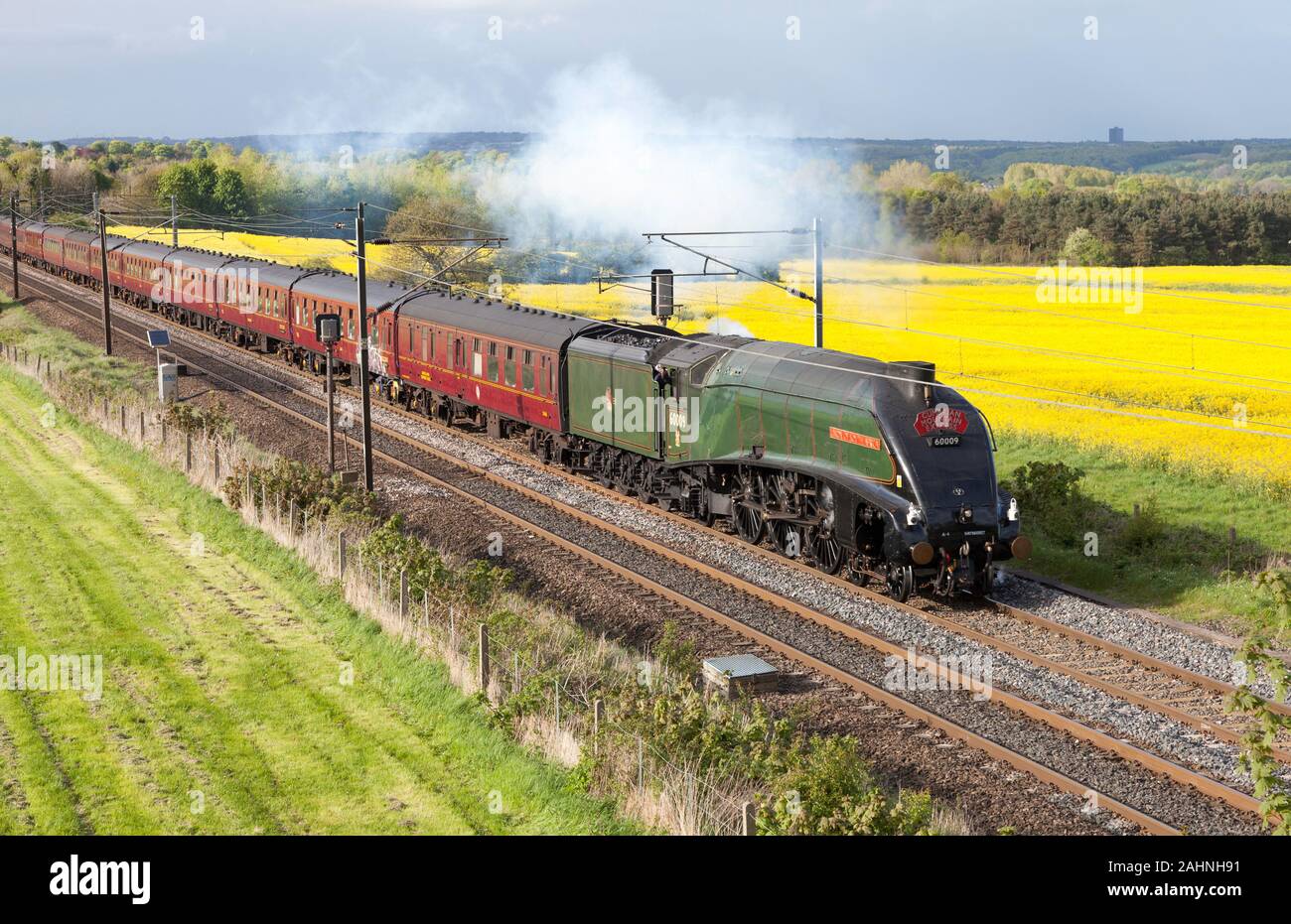 Ex LNER A4 pacific n. 60009 Unione del Sud Africa, passa Plawsworth in Co. Durham, Inghilterra, Regno Unito. Maggio 2014. Foto Stock