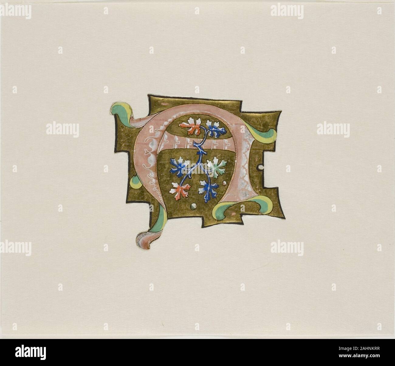 Decorate a iniziale in rosa con sei foglie e due sfere, da un coro libro. 1300-1399. L'Europa. Manoscritto del taglio di tempera e foglia oro su pergamena Foto Stock