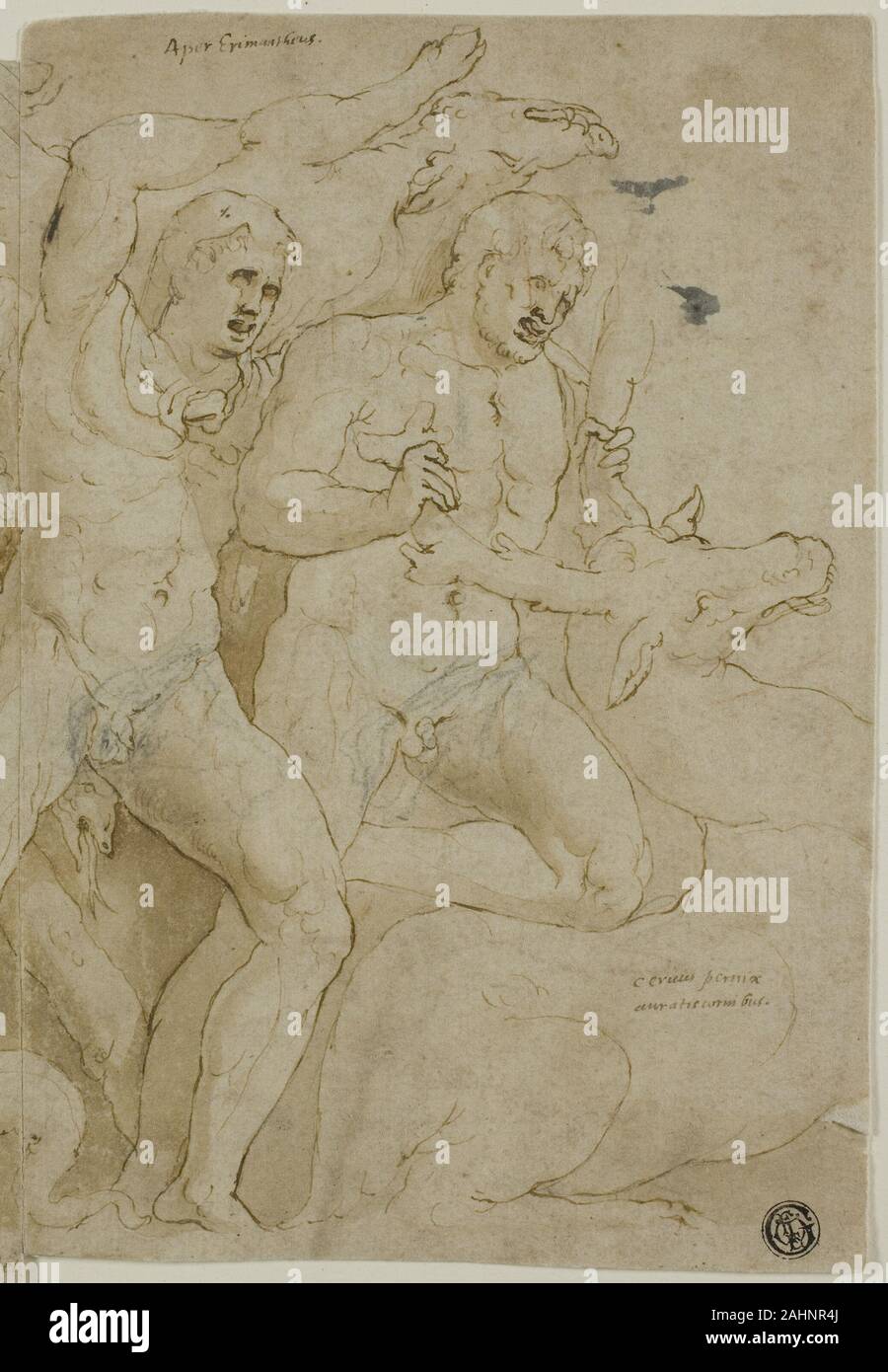 Girolamo da Carpi. Sarcofago antico rilievo con le Fatiche di Ercole. 1521-1556. L'Italia. Penna e inchiostro bruno con spazzola e marrone, lavaggio e tracce di gesso nero, su buff carta vergata, perforato al centro Foto Stock