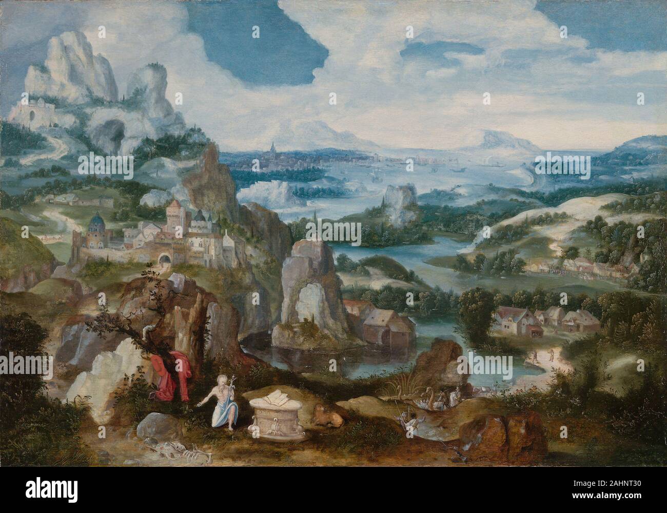 Giacobbe Patinir. Paesaggio con il penitente San Girolamo. 1515-1525. Il Belgio. Olio su pannello nel XVI secolo la città portuale di Anversa è stata un centro del crescente commercio internazionale di arte; i suoi artisti hanno cominciato a produrre dipinti per i collezionisti in aggiunta alle tradizionali immagini per uso devozionale. Un nuovo tipo di pittura è stato il paesaggio indipendenti, una evoluzione della bella, fondali naturalistici che sono state uno dei più ammirati gli aspetti del fiammingo dipinti religiosi. Di solito un diminutivo soggetto religioso occupa il primo piano di questi paesaggi, fornendo un principio organizzativo fo Foto Stock