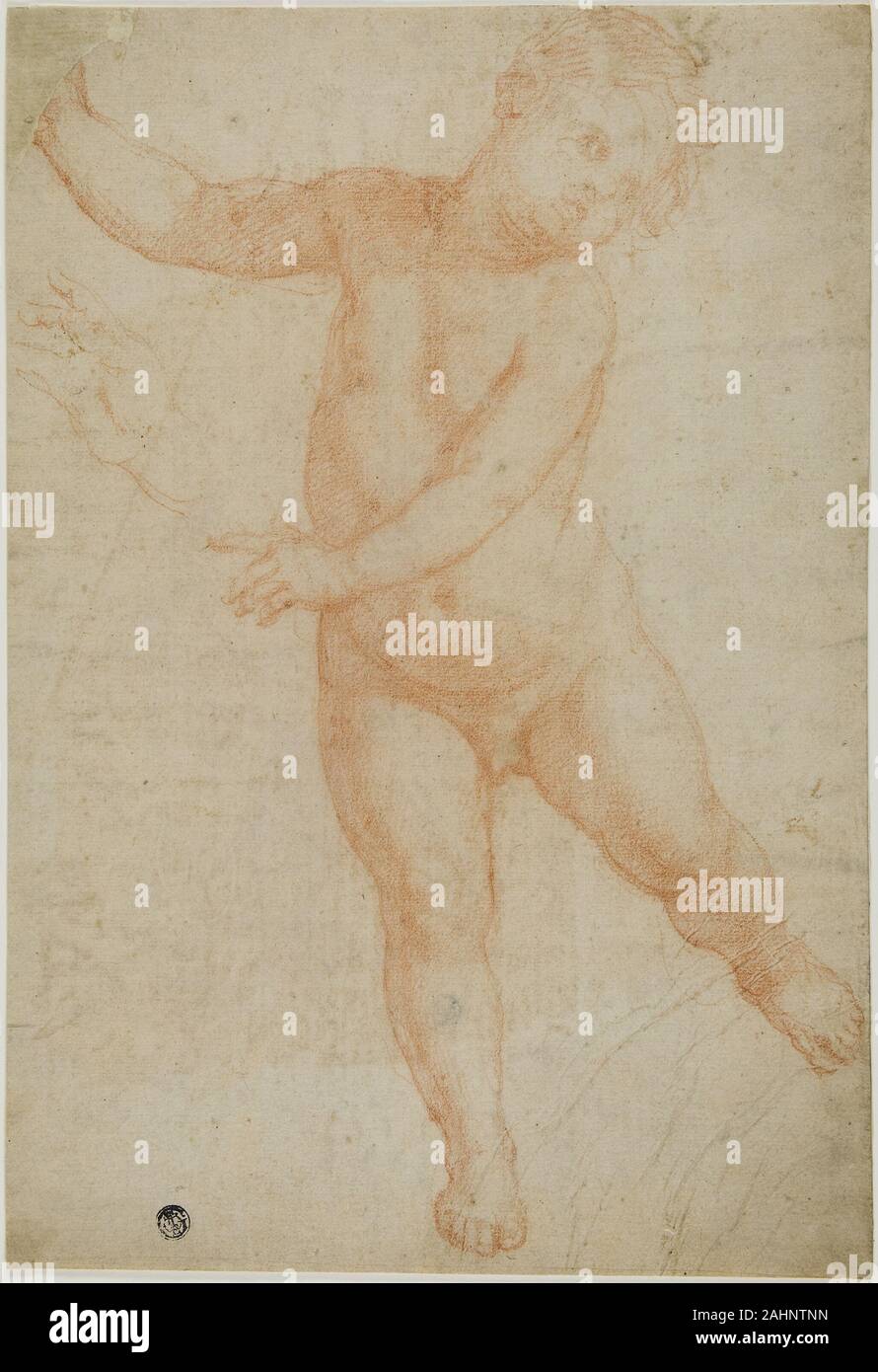 Domenico Cresti. Putto in bilico sulla gamba destra (recto); schizzo di un braccio drappeggiato (verso). 1575-1600. L'Italia. Gesso rosso sulla crema di latte di cui carta (recto), parzialmente stabilite e ribaltamento sul tan carta intessuta Foto Stock