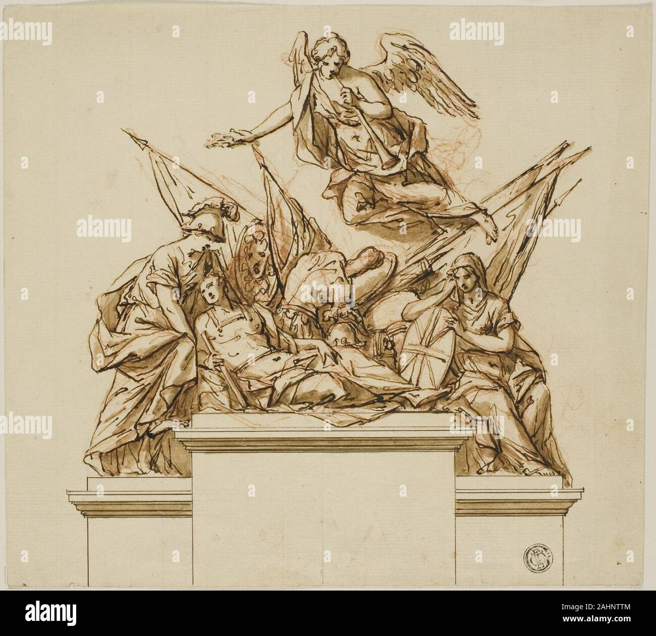 John Michael Rysbrack. Warrior accompagnato da Britannia, Minerva e fama (recto); Design per il monumento a Nicholas Rowe (verso). 1728-1738. Le Fiandre. Penna e inchiostro bruno, con spazzola e lavaggio marrone, oltre gesso rosso e grafite (recto); penna e inchiostro bruno su grafite (verso), la crema di cui la carta Foto Stock