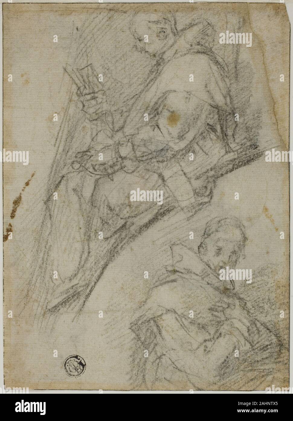 Bernardino Poccetti. Due studi di Certosini (recto); tre schizzi dei capi di Certosini (verso). 1591-1592. L'Italia. Gesso nero (recto e verso) su avorio di cui la carta Foto Stock