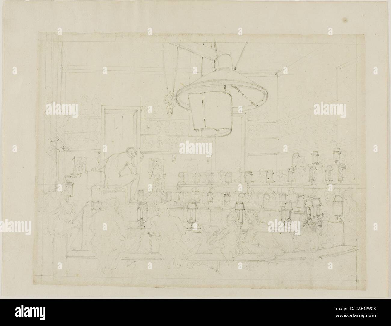 Augusto Charles Pugin. Studio per il disegno da vita alla Royal Academy e la Somerset House, dal microcosmo di Londra (recto); studio di disegno da vita alla Royal Academy e la Somerset House, dal microcosmo di Londra. 1807-1808. In Inghilterra. Grafite (recto e verso) sulla crema carta intessuta Foto Stock