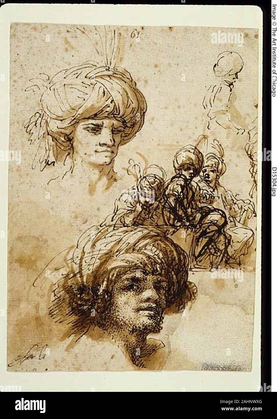 Salvator Rosa. Schizzi di Turbanned uomini (recto); il frammento di una figura e schizzi di Foliated ornamento architettonico (verso). 1632-1673. L'Italia. Penna e inchiostro bruno, con spazzola e lavaggio marrone (recto e verso), su avorio di cui la carta anche se l'autore di questo piccolo foglio non viene confermata, il suo gusto per l'esotico è evidente non solo nel fantastico oriental copricapo egli ha documentato, ma nel feroce, pittorica di modo che ha utilizzato il mezzo semplice della penna e inchiostro, che arriva molto vicino al romantico figure di Salvator Rosa, il maestro Napoletano. Foto Stock