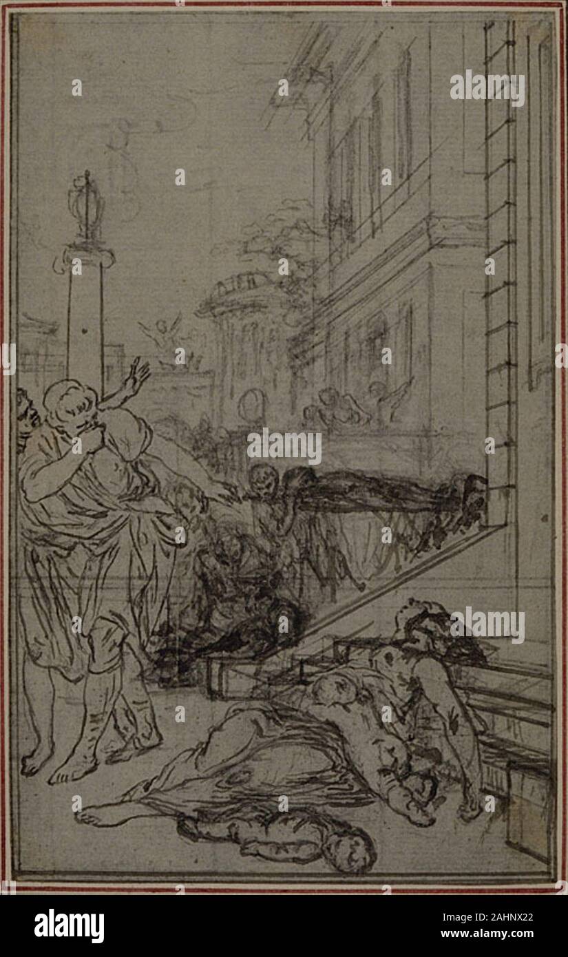 Hubert Gravelot François. Studio per la vignetta di Lucrezio de la Nature des choses , Vol. II, prenota VI. 1758-1773. La Francia. Penna e inchiostro nero, con grafite e tracce di gesso nero su grigio carta vergata, inciso per il trasferimento e il perimetro montato su di crema di latte di cui la carta Foto Stock