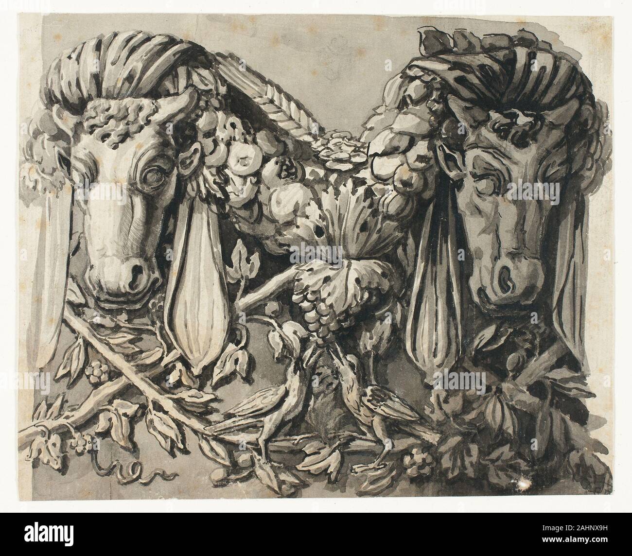 Jean-Charles Delafosse. Ornamento con due Bull di teste (recto); schizzo dei confini geometrici (verso). 1500-1791. La Francia. Pennello e inchiostro nero e grigio, lavaggio con tracce di grafite (recto), e grafite (verso), su avorio di cui la carta Foto Stock