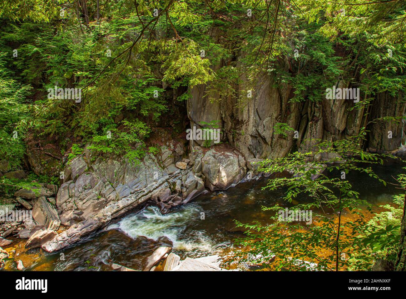 Il Westfield fiume scorre attraverso il Chesterfield Gorge nel West Chesterfield, Massachusetts Foto Stock