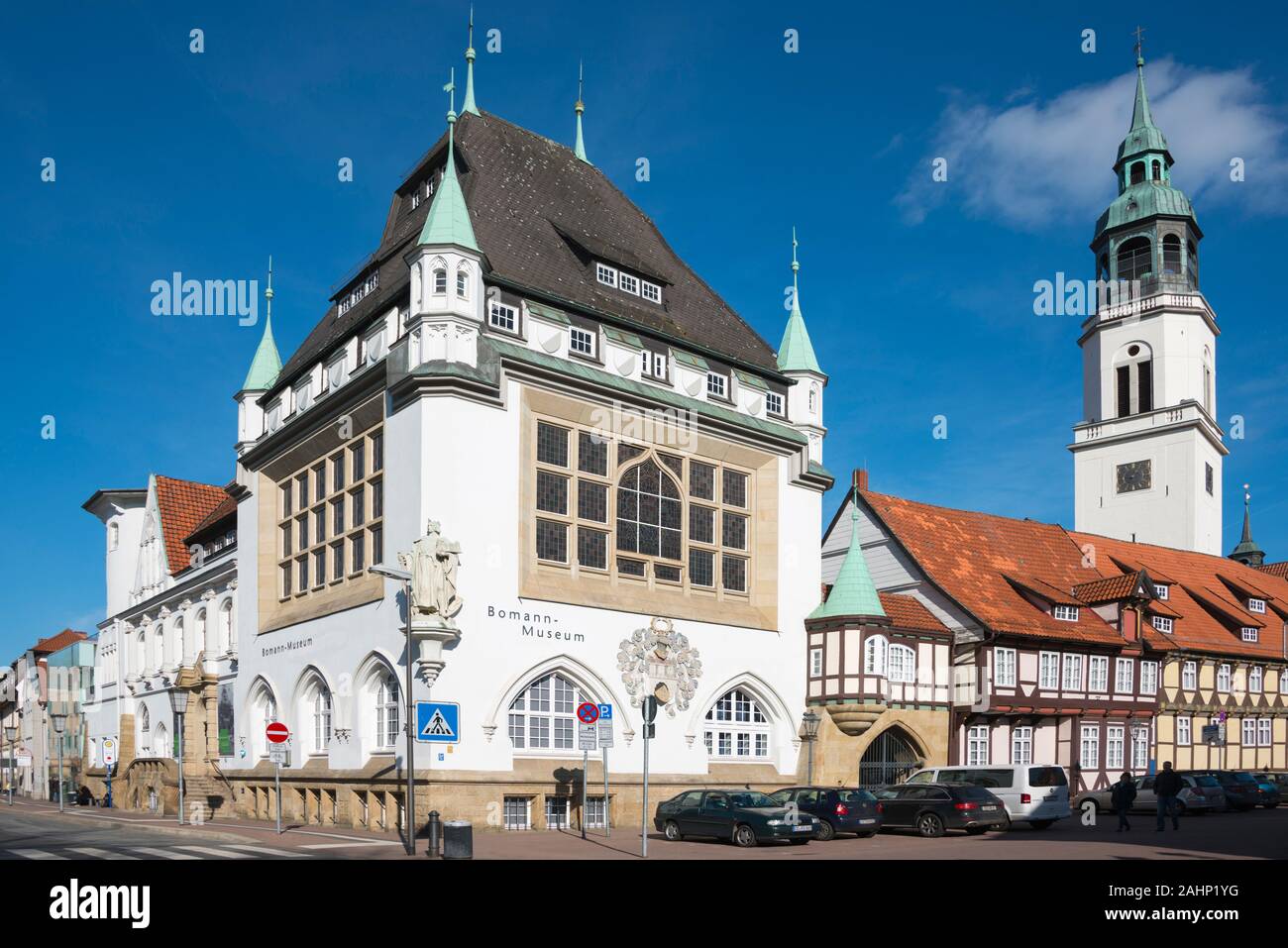 Bomann-Museum, Fachwerkhaus, Stadtkirche St. Marien, Schlossplatz Celle, Niedersachsen, Deutschland Foto Stock