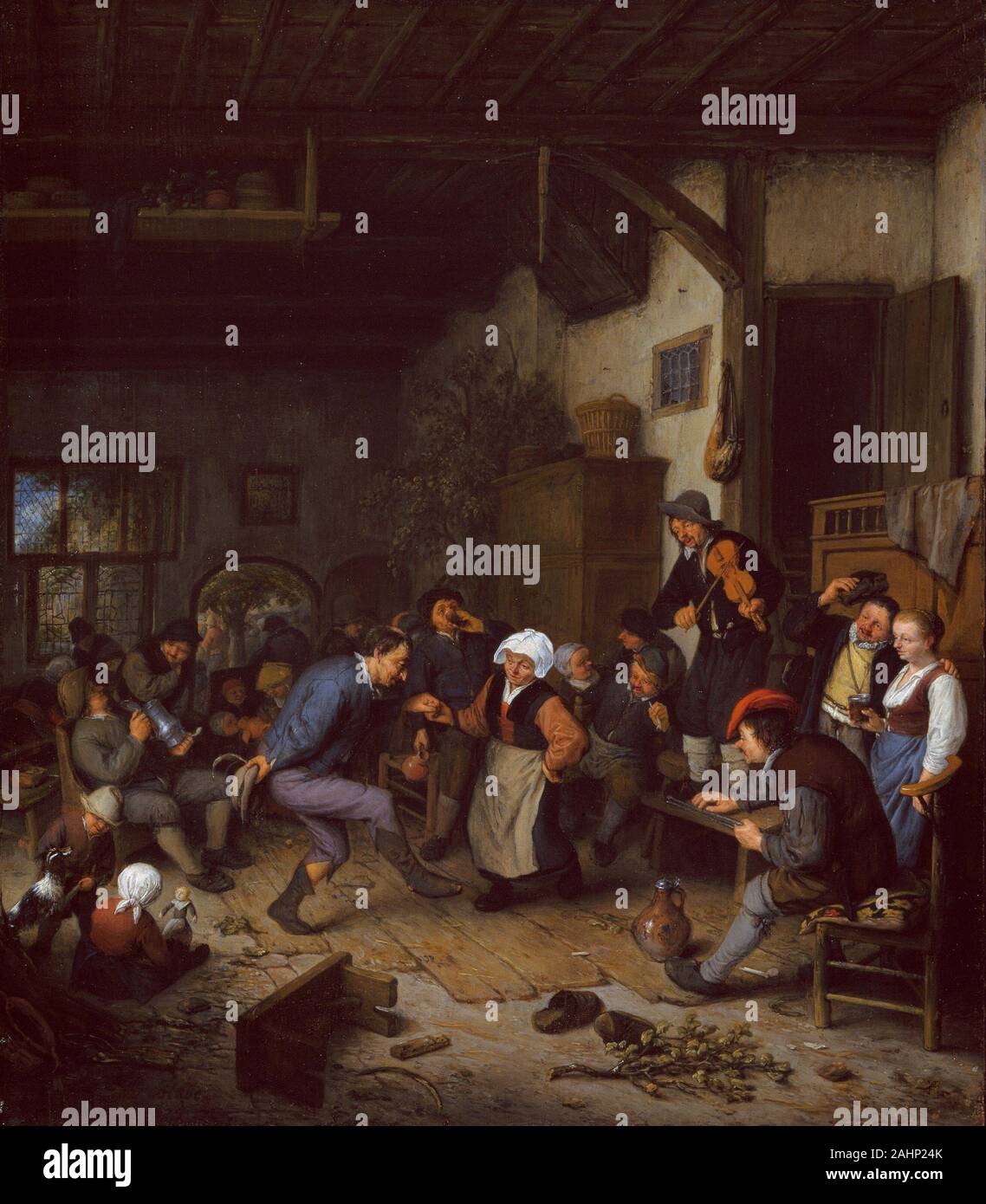 Adriaen van Ostade. Buontemponi in una locanda. 1674. Holland. Olio su pannello nel corso di una lunga e brillante carriera, Adriaen van Ostade specializzato in soggetti contadina, la sua trattazione di questo tema per il mirroring dei evoluzione generale della pittura olandese del XVII secolo. Nelle sue precedenti opere, egli ha assunto un approccio satirico per il suo oggetto, utilizzando una tonalità monocromatiche e pennellate visibili. Il chiaro, relativamente colori luminosi e raffinati pennellata di questa pittura tardo sono in sintonia con il gusto raffinato dei successivi del xvii secolo. Analogamente, la rustica figure rappresentato qui, mentre vividamente charact Foto Stock
