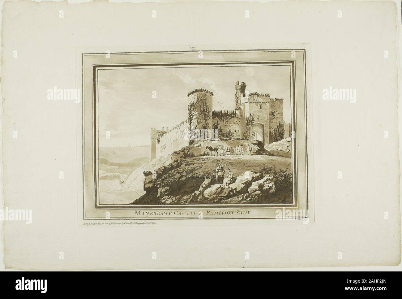 Paul Sandby. Il castello di Manerbawr in Pembroke Shire, da dodici viste in Aquatinta da disegni presi in loco nel Galles del Sud. 1773-1775. In Inghilterra. Incisione e acquatinta su avorio di cui la carta Foto Stock