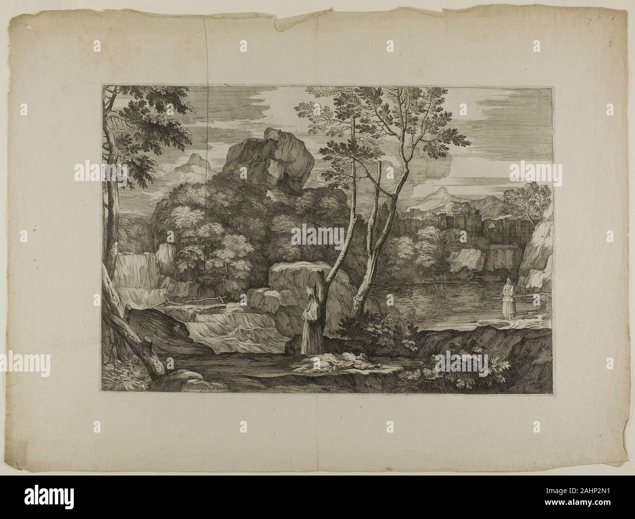 Sébastien Bourdon. Paesaggio con un morto e due sacerdoti. 1668-1671. La Francia. Incisione su avorio di cui la carta Foto Stock