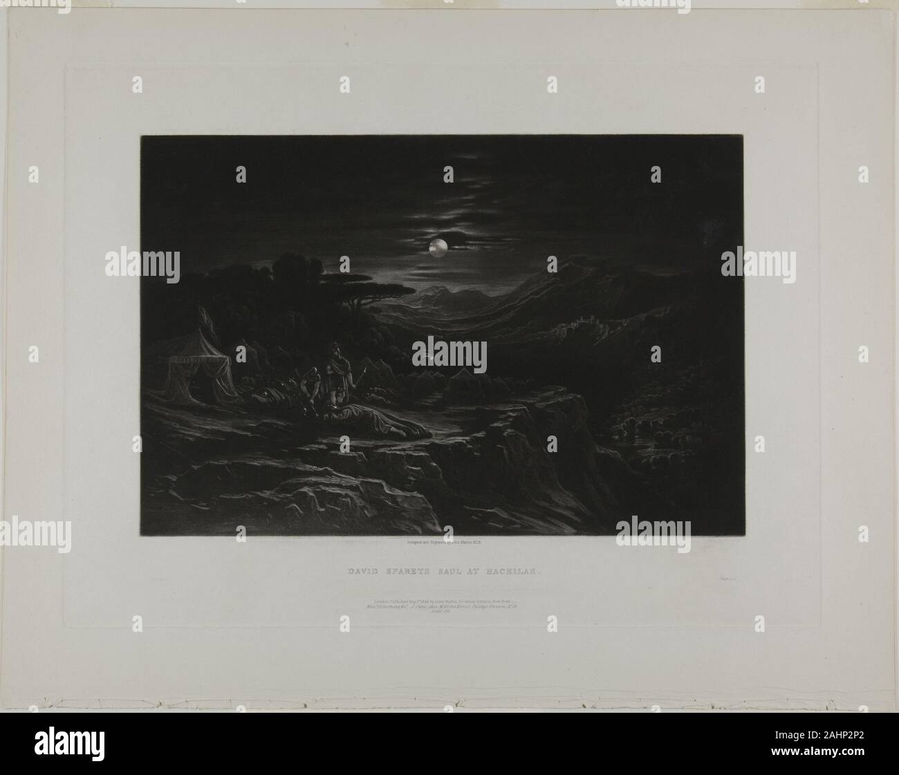John Martin. Davide risparmia Saul a hakilah dalle illustrazioni della Bibbia. 1835. In Inghilterra. Mezzatinta in nero su avorio carta intessuta Foto Stock