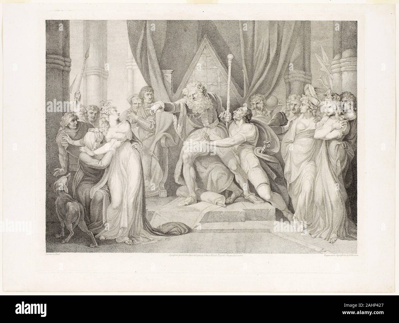 Richard Earlom. Lear la gettata di sua figlia Cordelia. 1792. In Inghilterra. Attaccato a prova di imbianchini su avorio carta vergata questa stampa illustra le fasi che è andato nella produzione di grandi incisioni riproduttiva. Questa prova incisa è stato stampato dopo l'incisore di cui la composizione utilizzando i contrassegni da imbianchino. Mediante attacco chimico di questi contrassegni preliminare con acido piuttosto che li incisione, Earlom risparmiato tempo e ha creato un'immagine sufficientemente chiaro per essere cambiato. Foto Stock Richard Earlom. Lear la gettata di sua figlia Cordelia. 1792. In Inghilterra. Attaccato a prova di imbianchini su avorio carta vergata questa stampa illustra le fasi che è andato nella produzione di grandi incisioni riproduttiva. Questa prova incisa è stato stampato dopo l'incisore di cui la composizione utilizzando i contrassegni da imbianchino. Mediante attacco chimico di questi contrassegni preliminare con acido piuttosto che li incisione, Earlom risparmiato tempo e ha creato un'immagine sufficientemente chiaro per essere cambiato. Foto Stock