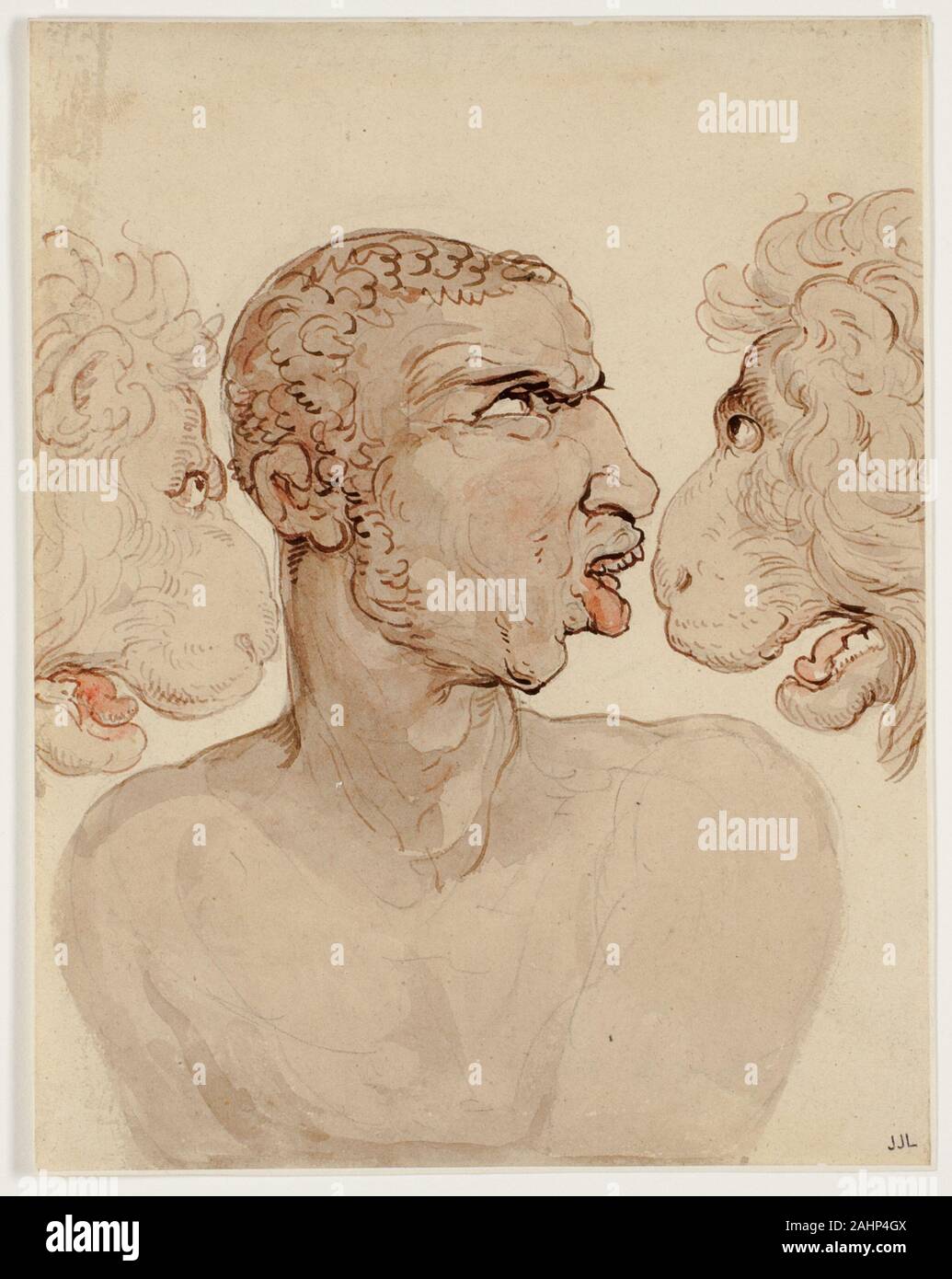 Thomas Rowlandson. Testa e due leoni. 1756-1827. In Inghilterra. Penna e pennello marrone con lavaggio, oltre le tracce di grafite, su avorio carta intessuta Foto Stock