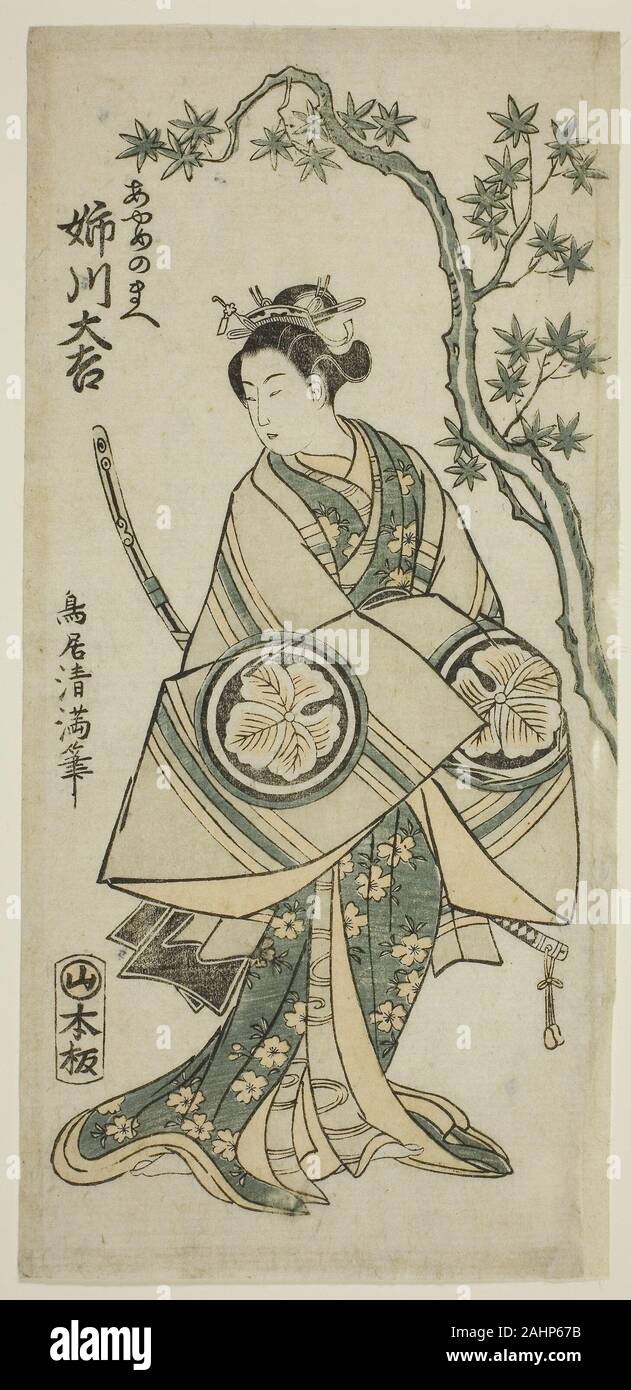 Torii Kiyomitsu I. L'attore Anegawa Daikichi come Ayame no Mae nel gioco Miyo no hana Yunzei Kagami, eseguita presso il Teatro Morita nell'undicesimo mese, 1760. 1760. Il Giappone. Colore stampa woodblock; hosoban, benizuri-e Foto Stock