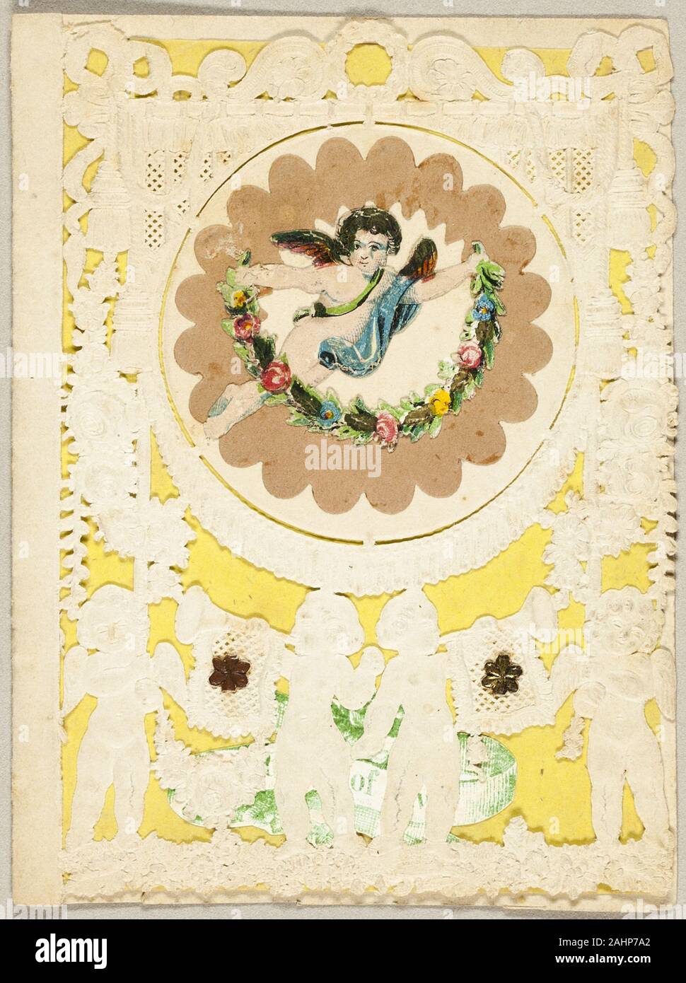 John Windsor. Untitled Valentine (Cupid con una ghirlanda). 1850-1859. In Inghilterra. Elementi Collaged sul taglio e goffrata (progettato) Ivory carta intessuta Foto Stock