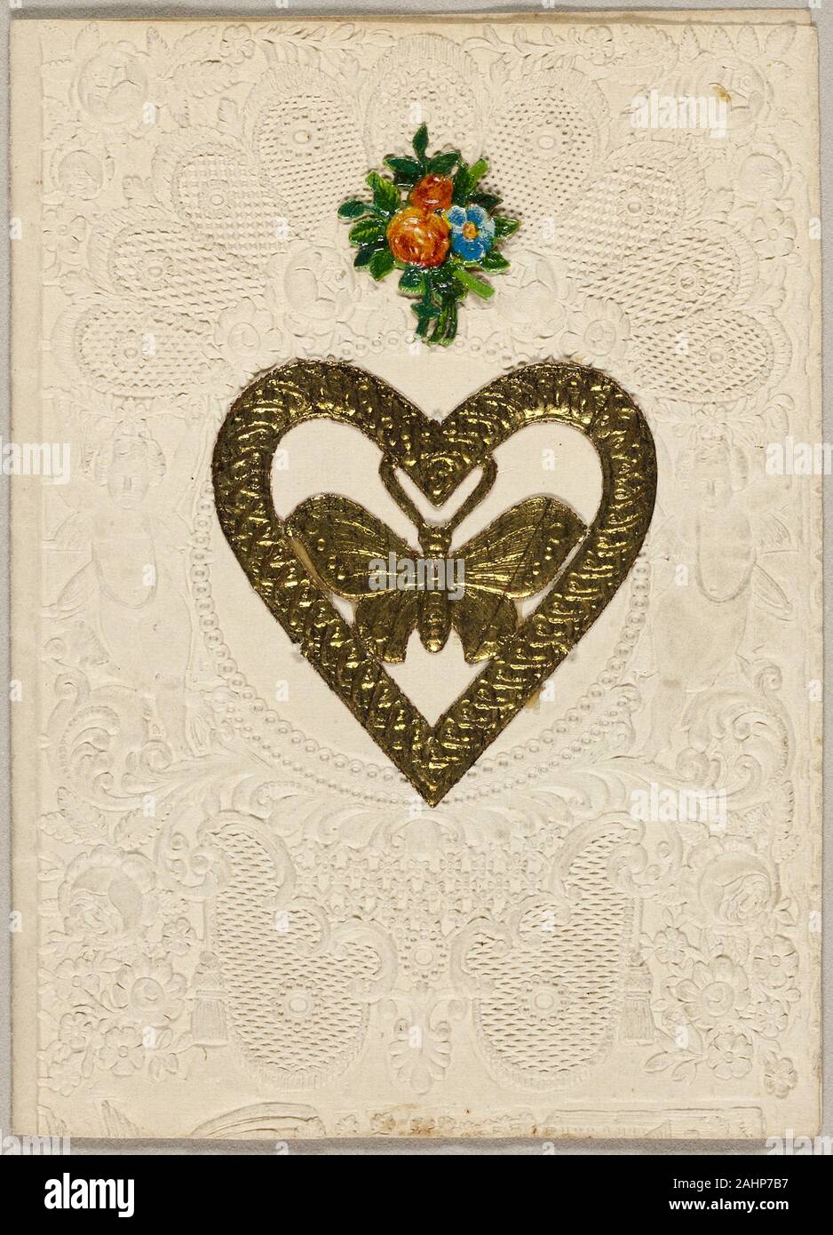 Untitled Valentine (Butterfly nel cuore). 1850-1860. Stati Uniti. Elementi Collaged su avorio goffrato carta intessuta Foto Stock