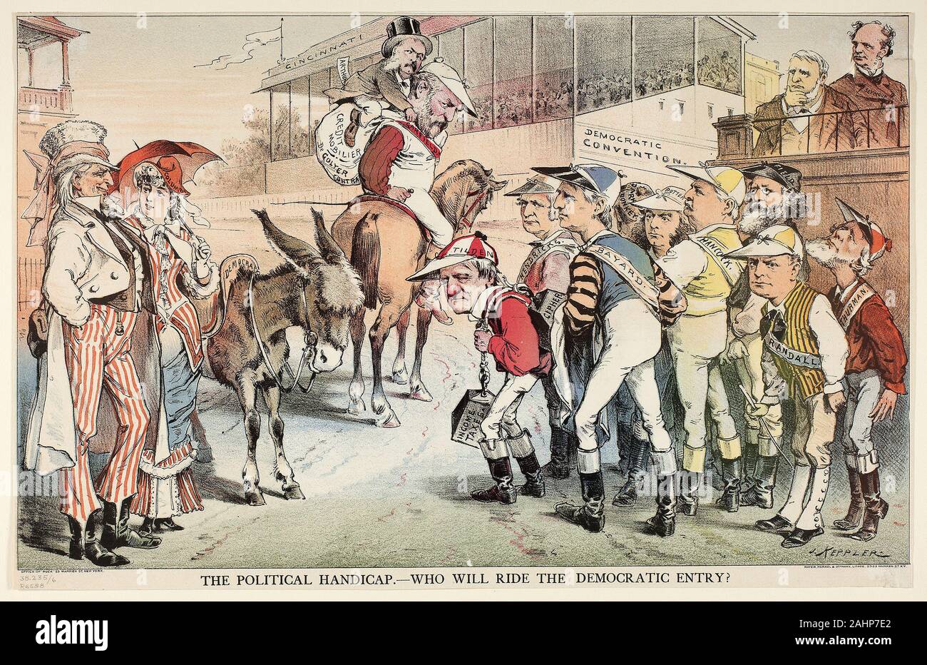 Giuseppe Keppler. L Handicap politico, dal puck. 1858-1894. Stati Uniti. Litografia a colori su carta da giornale Foto Stock