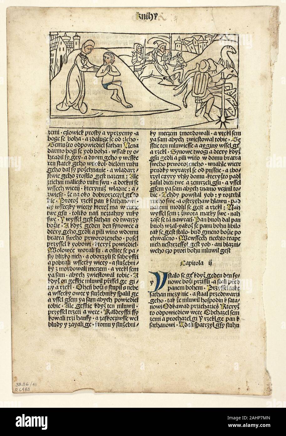 Artista sconosciuto (Illustrator). Libro di Giobbe da Biblia Bohemica (Ceco Bibbia), la piastra 41 da xilografie da libri del XV secolo. 1489. Repubblica ceca. La xilografia e la stampa tipografica in nero con colorate a mano aggiunte (recto e verso) sulla crema di latte di cui carta, ribalta su crema carta intessuta mat Foto Stock