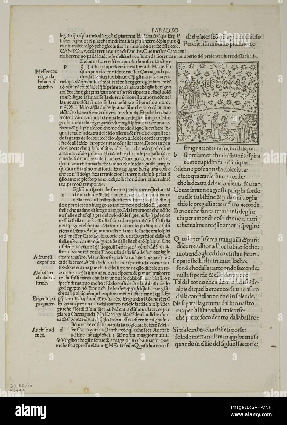 Artista sconosciuto (Illustrator). Paradiso Canto XV (Quinto cielo, sfera di Marte) dalla Divina Commedia (Divina Commedia), piastra 48 da xilografie da libri del XV secolo. 1491. L'Italia. Silografia in bianco e nero e stampa tipografica in nero (recto e verso), la crema di cui la carta Questa pagina è da un'edizione illustrata del libro paradiso da Dante nella Divina Commedia. Il poeta e il narratore, Dante, ha già incontrato molte cose straordinarie in tormentando i cerchi del purgatorio e inferno, dove alcuni dei suoi amici defunti risiedono ora. In questa scena, Dante appare a sinistra con il suo compianto muse, essere Foto Stock