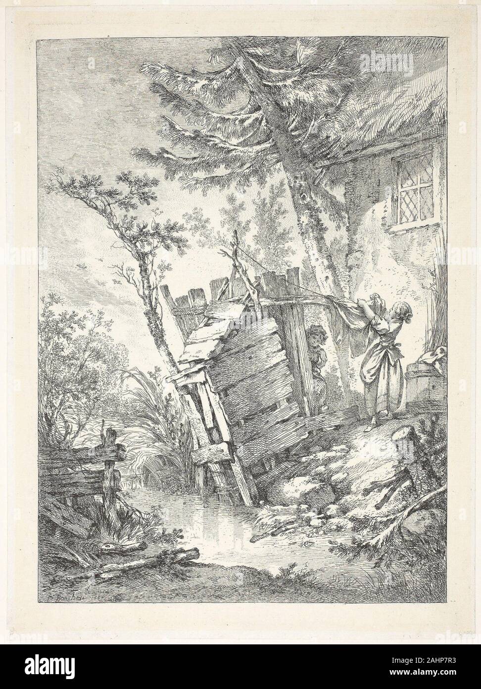 François Boucher. La lavandaia. 1756. La Francia. Attacco, con tracce di incisione, in nero su avorio di carta depositato uno scaltro imprenditore, François Boucher lavorato attraverso i media e ha contribuito a definire la riccamente ornamentale in stile rococò. Egli ha prodotto dipinti, disegni, illustrazioni e disegni per porcellane e tessuti che sono stati raccolti da una clientela diversificata, dal centro della classe a re Luigi XV. Oltre 1.500 stampe sono state fatte da altri artisti dopo Boucher composizioni, carburazione notevolmente la sua popolarità. La lavandaia, tuttavia, in una rara impressione prima scritte, è uno dei 32 stampe dra Foto Stock